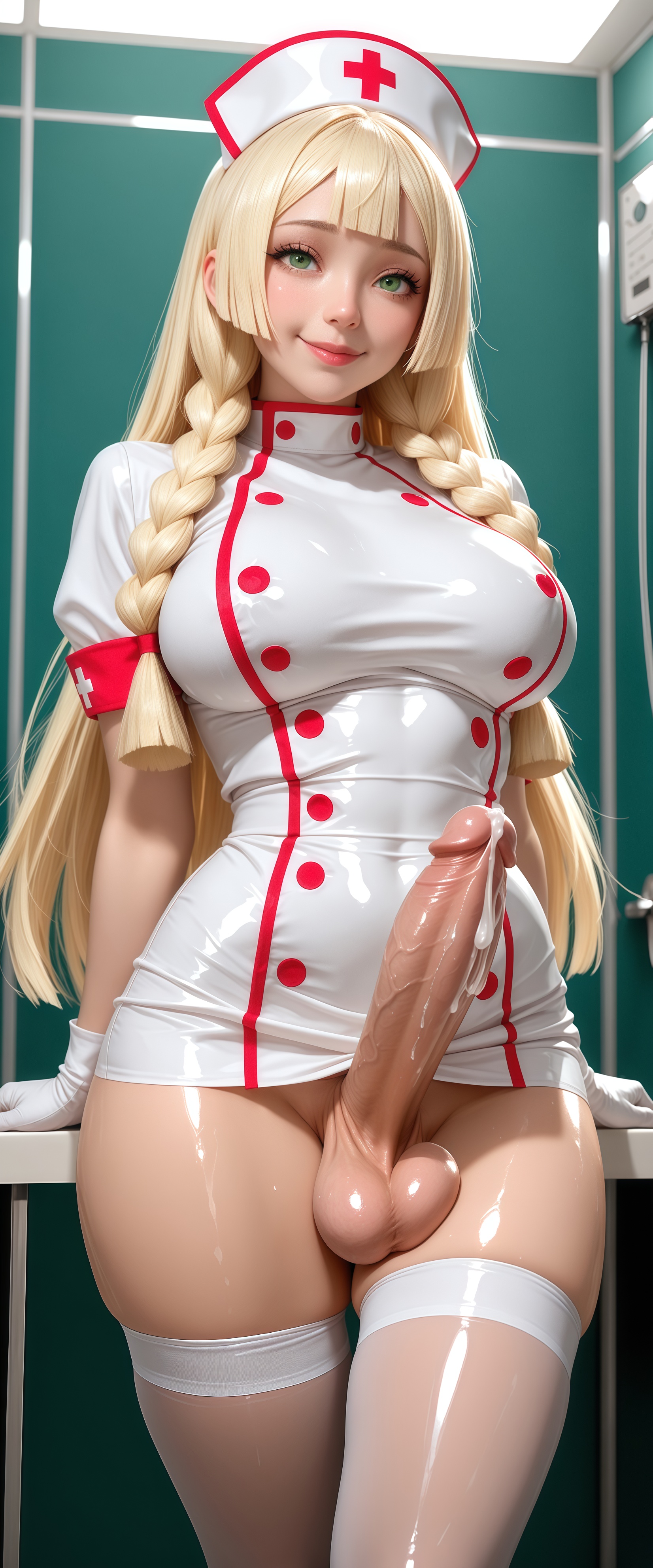1girls, ai generated, balls, big balls, big penis, blonde hair, erect penis, female, futanari, green eyes, intersex, lillie (pokemon), long hair, long stockings, nude, nurse uniform, penis, pokemon, semen, smile, tilcox333