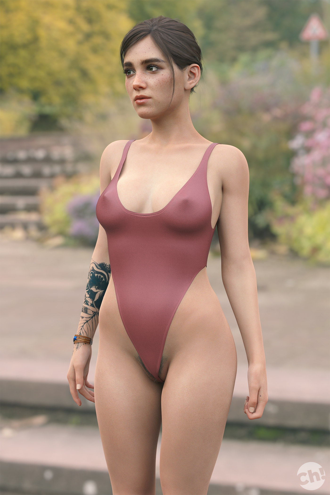 1girls, 3d, brown hair, ch!, ellie (the last of us), ellie williams, erect nipples, female, female only, freckles, nipple bulge, one piece swimsuit, pubic hair, pubic hair peek, solo, the last of us, the last of us 2