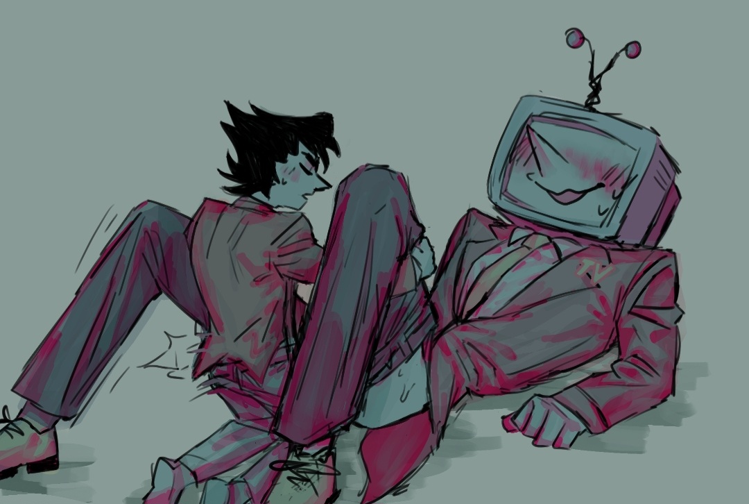 blush, closed eyes, clothed sex, deltarune, deltarune chapter 3, male, spamton g spamton, tenna (deltarune), tv head, yaoi