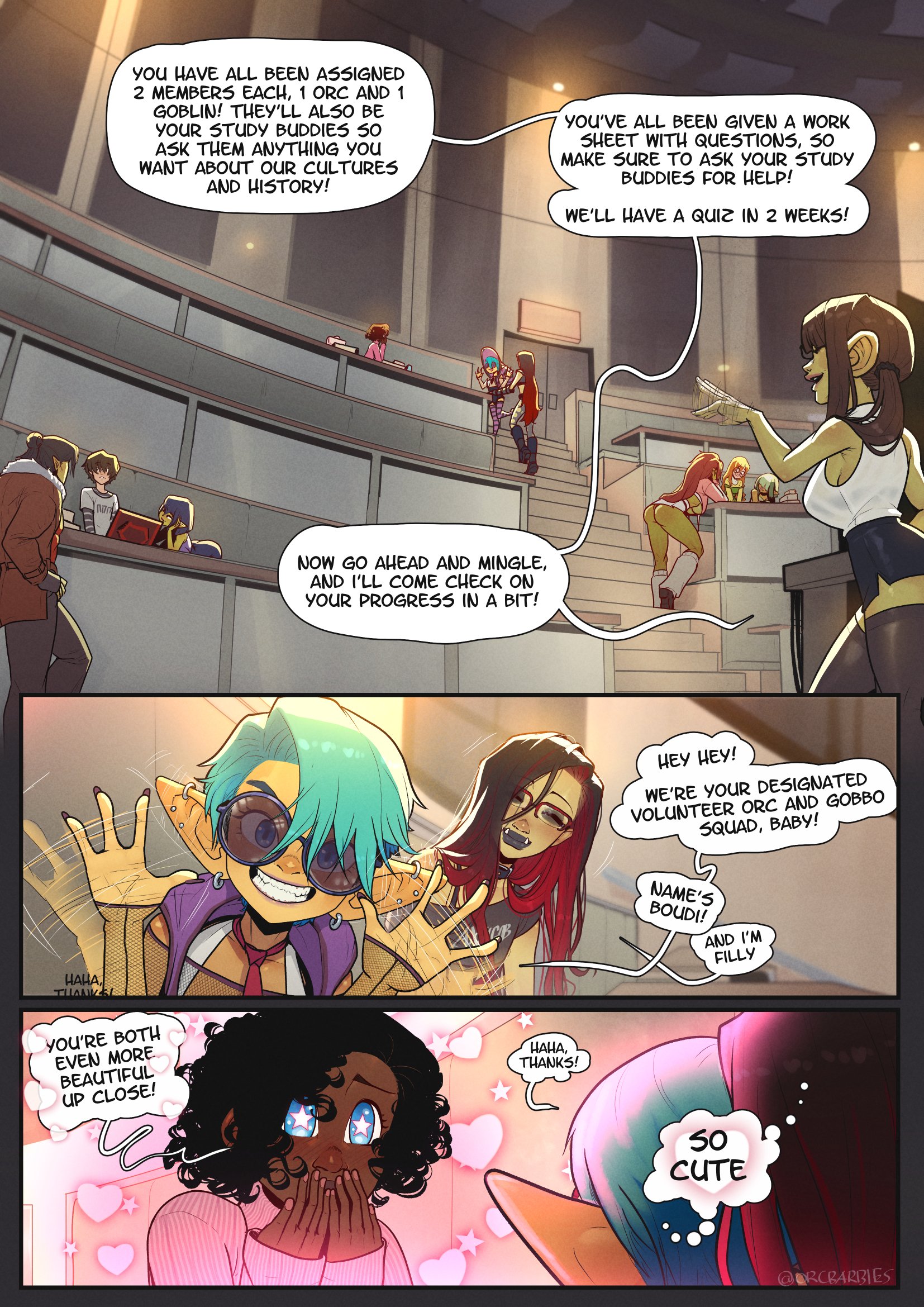 1boy, 2d (artwork), 3girls, black hair, black lipstick, blue eyes, blue hair, blush, boudi (orcbarbies), brown hair, comic, dark skin, dark-skinned female, dialogue, ear piercing, earrings, english text, erika (orcbarbies), erika's first week, fangs, female, femboy, filly (orcbarbies), girly, goblin, goblin female, goth, goth femboy, green skin, hi res, human, male, mrs bes (orcbarbies), orc, orc femboy, orc male, orcbarbies, pointy ears, red hair, speech bubble, star-shaped pupils, sunglasses, two-tone hair
