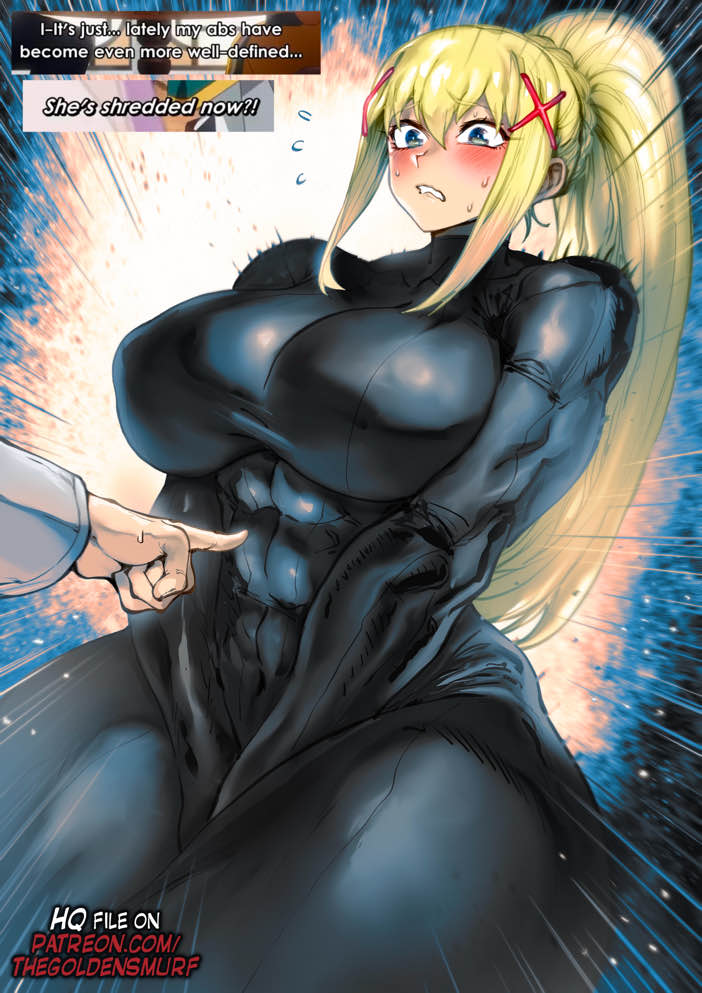 abs, big breasts, black bodysuit, blonde hair, breasts, darkness (konosuba), female, kono subarashii sekai ni shukufuku wo!, muscular, muscular female, thegoldensmurf