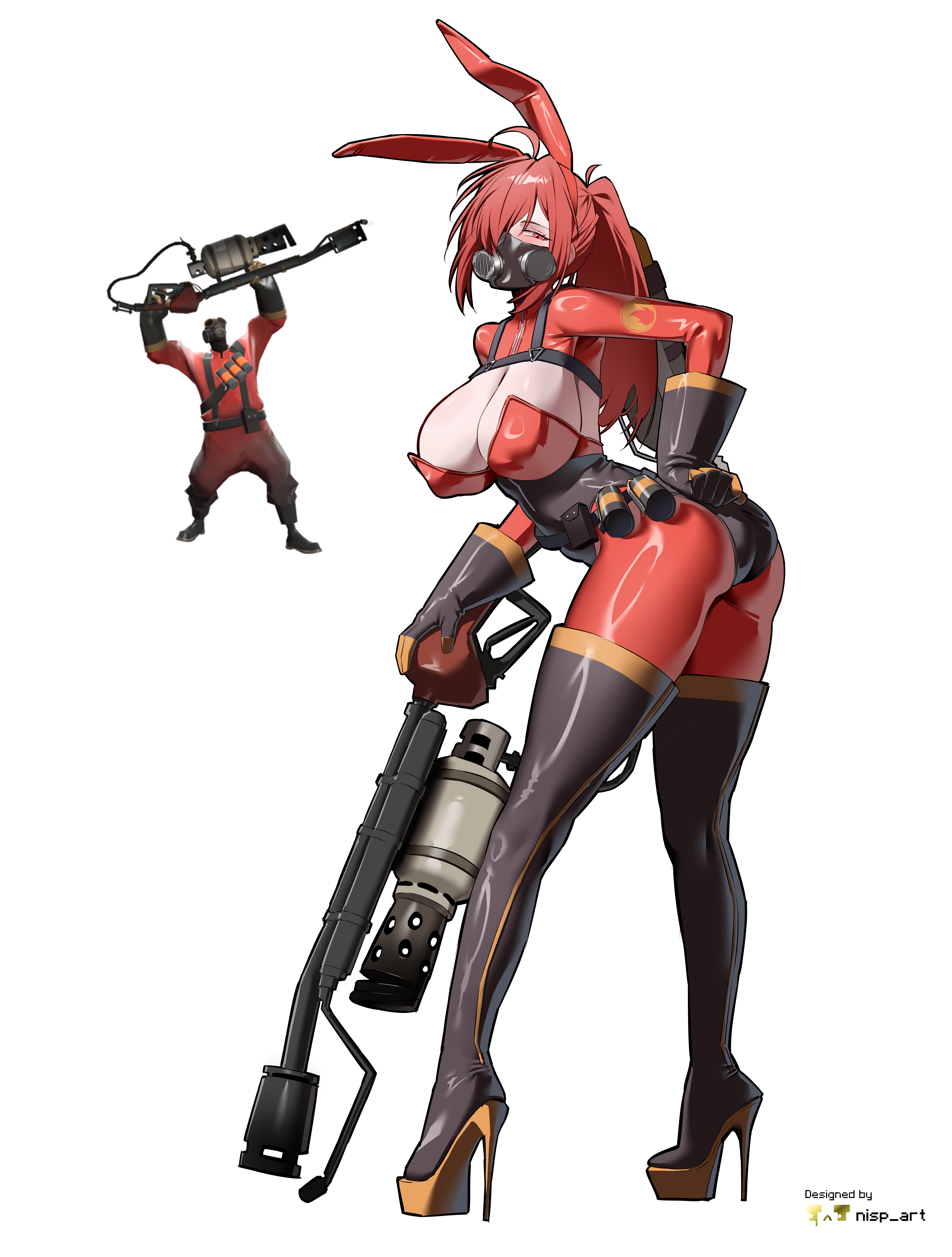 1girls, absurd res, ahoge, ass, big breasts, blush, breasts, bunny ears, bunnysuit, cleavage, clothed, clothed female, fake animal ears, female, female only, fempyro, fuck me boots, gas mask, genderswap (mtf), gloves, gun, hi res, high heel boots, high heels, latex, leaning forward, light skin, light-skinned female, long hair, mask, nisp art, ponytail, pyro (team fortress 2), red eyes, red hair, rule 63, skin tight, solo, team fortress 2, thighhigh boots, unitard, variant set, weapon