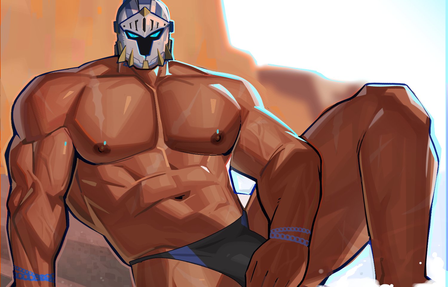 abs, another eidos of dragon vein r, bara, biceps, big muscles, big pecs, bulge, deadbeatincubus, dyne, helmet, looking at viewer, male, male only, muscles, muscular, muscular male, nipples, pecs, sitting, solo, solo focus, thong, veiny muscles, yaoi
