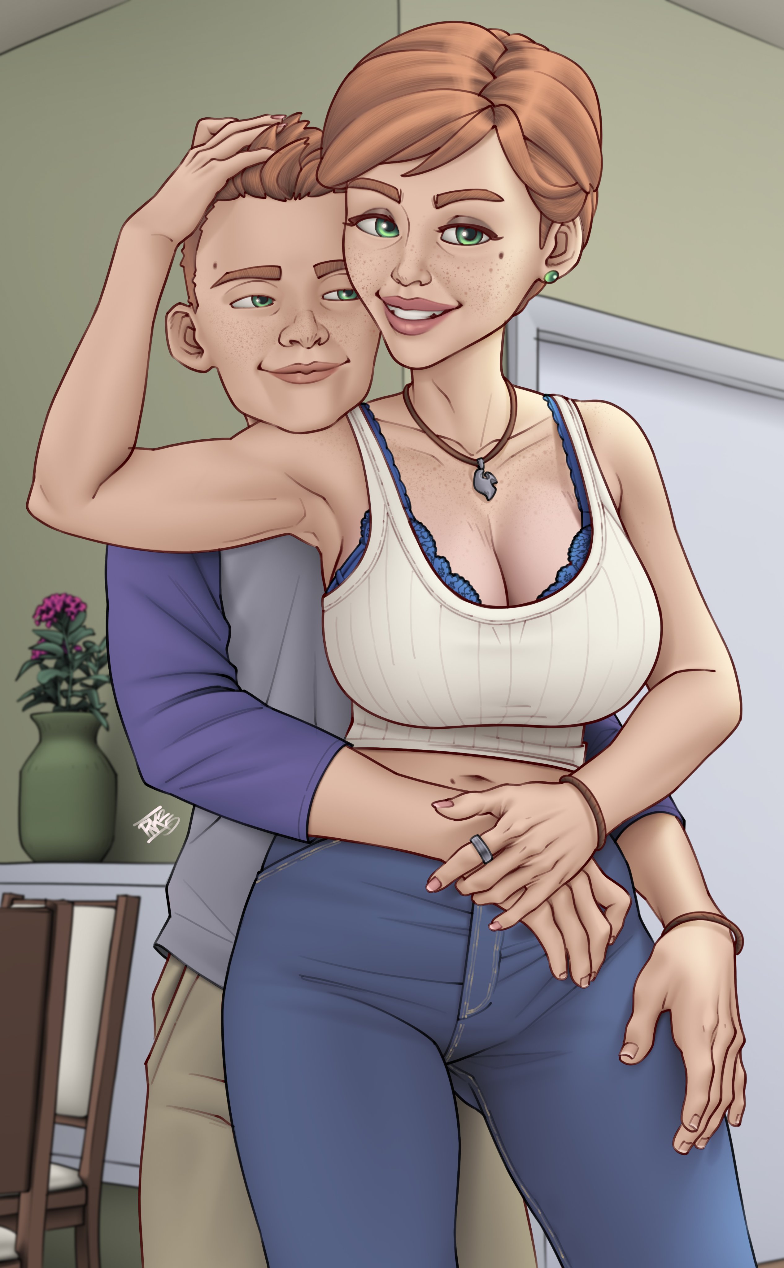 1boy, 1girls, 2025, 2d, age difference, bare shoulders, big breasts, bigger female, bra, bra visible through clothes, bracelet, breasts, casual, cleavage, cleavage cutout, cleavage window, crop top, curvy, curvy female, denim, duo, earrings, family, family bonding, family photo, female, flower, freckles, freckles on chest, freckles on face, fully clothed, green eyes, half-closed eyes, halter top, halterneck, hand on head, hand on thigh, holding hands, hourglass figure, hourglass figured female, hugging, hugging from behind, human, implied incest, incest, incestuous, inside, lace, lace bra, lace trim, lace-trimmed bra, large breasts, living room, looking at another, looking at viewer, lucas (pinkerlicious), male, mature, mature female, midriff, milf, mole, mole above eye, mole on stomach, mole under eye, mommy, mother, mother and child, mother and son, navel, necklace, oc, older female, older female and younger male, original, original character, painted nails, parent, parent and child, parent and son, pink nails, pinkerlicious, red hair, red hair　short hair, ring, sadie (pinkerlicious), short hair, size difference, smaller male, smile, smiling, smiling at viewer, smirk, smirking, smirking at partner, teen, teenage male, teenager, thick thighs, voluptuous, voluptuous female, wide hips, younger male