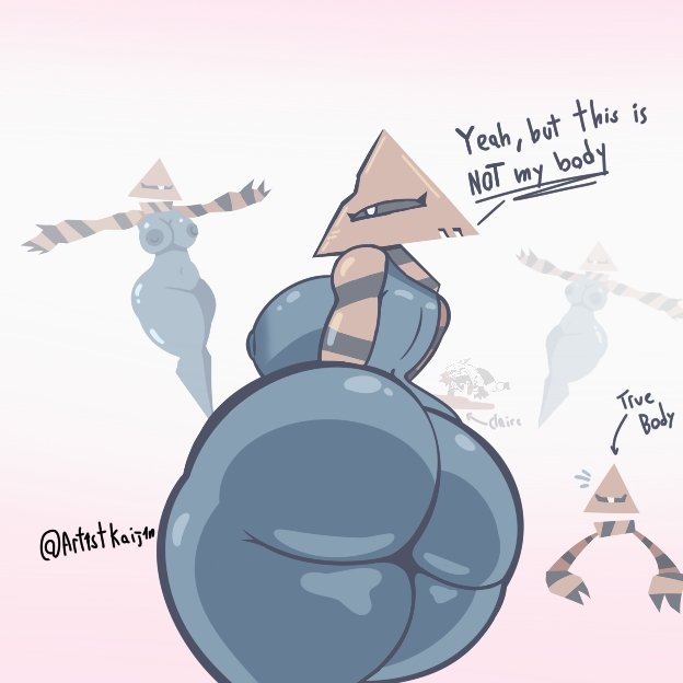 artist kaijin, ass bigger than head, breasts, connor (kaaatie), exposed breasts, female, fundamental paper education, genderswap, katieverse, shape head, sign, sign head, thick thighs, triangle head