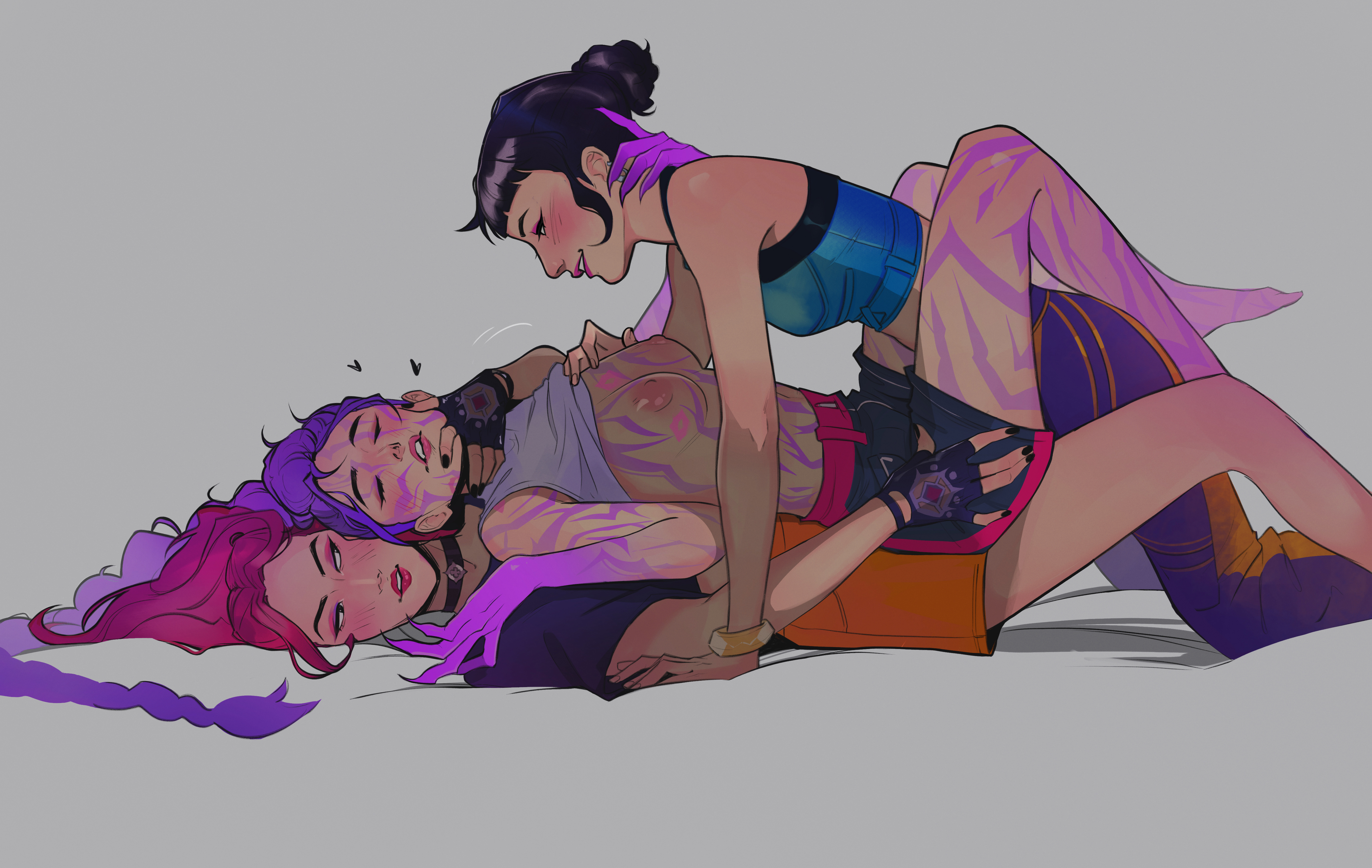 3girls, bangs, black hair, blush, braid, breasts, buns, choker, crop top, demon girl, eyes closed, female, female only, fingerless gloves, hearts, kpop demon hunters, lipstick, lipstick mark, long hair, makeup, mira (kpop demon hunters), nail polish, nessepack, nipples, nude, nude female, partially clothed, pink hair, polytrix, purple hair, rumi (kpop demon hunters), sex, shirt up, short hair, simple background, smile, tagme, threesome, yuri, zoey (kpop demon hunters)