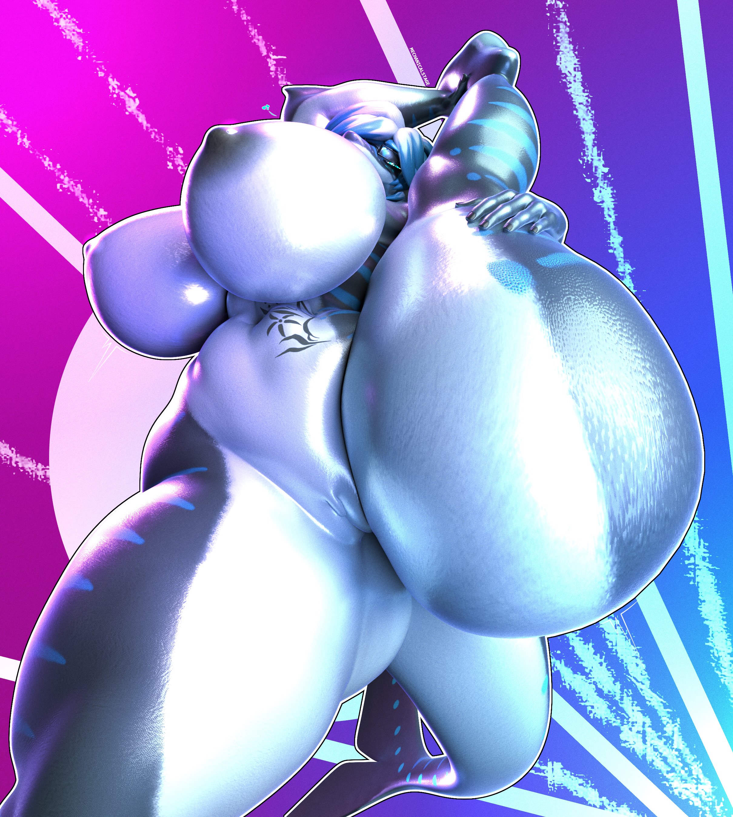 1girls, anthro, big ass, big breasts, breasts, completely nude, female, female only, huge ass, leg up, mechanicalstage, naked glasses, nika sharkeh, nude, nude female, solo, stretching, thick thighs
