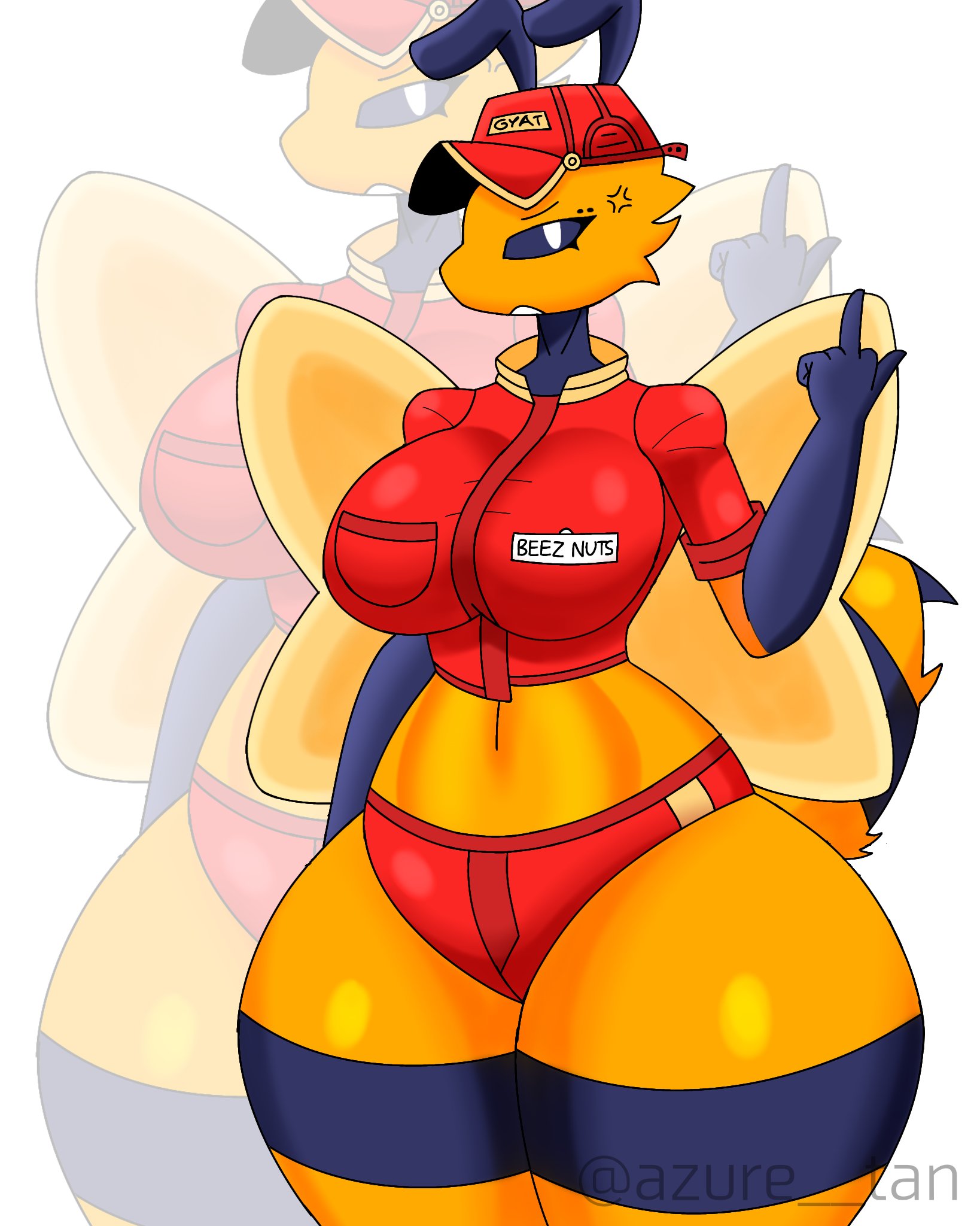 1girls, 5 fingers, abdomen, anger, angry, angry at viewer, angry expression, angry eyebrows, angry eyes, angry face, angry female, antennae, antennae (anatomy), anthro, anthro female, anthro only, anthrofied, arthropod, arthropod abdomen, artist name, asthma tan, background, bee, belly, belly button, black eyes, black lines, breasts, cap, clevage, clothed, clothed female, crop top, curvaceous, curvaceous female, curvaceous figure, curvy, curvy female, curvy figure, deez nutz, delivery employee, female, female focus, female only, fingers, fur, furry, furry female, furry only, hat, headgear, headwear, huge breasts, huge thighs, insect girl, insect wings, insects, large breasts, looking at viewer, meme, middle finger, multicolored body, name tag, no pants, oc, one hand up, original, original character, panties, pantless, pantless anthro, pizza bee (xexeezy), pizza girl, red clothing, red hat, red outfit, red panties, red shirt, red underwear, simple background, solo, solo female, stinger, thick thighs, thighs, thunder thighs, twitter username, underwear, watermark, white background, white pupils, wings, yellow fur, yellow skin, yellow skinned female, yellow wings