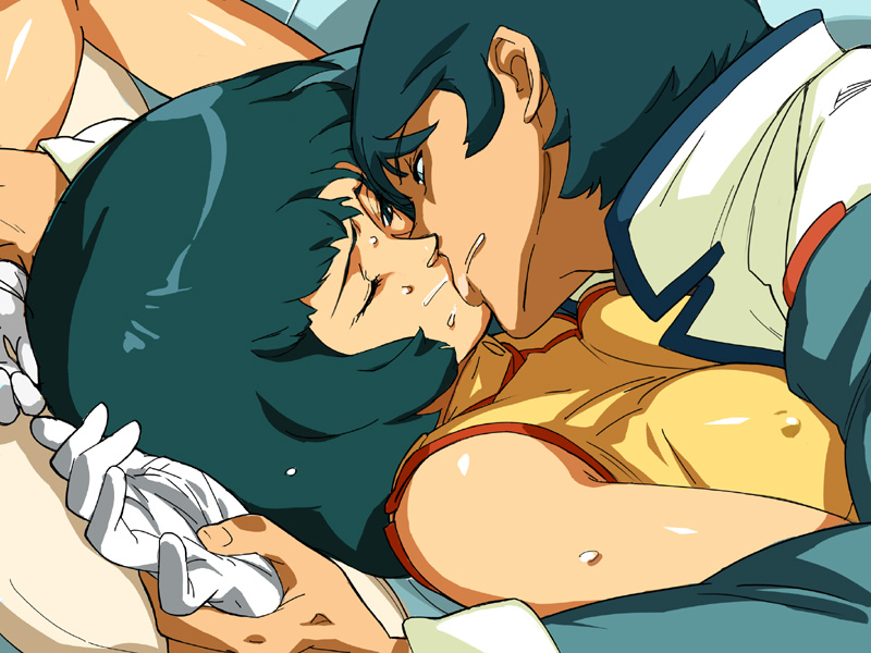 1boy 1girls 2009 2d 2d_(artwork) arm_grab arms_above_head arms_up black_hair breasts drool fa_yuiry faceless_male female female_focus gloves green_hair gundam held_down hi_res highres human kamille_bidan kissing light-skinned_female light_skin lying male missionary_position mosaic_censoring on_back opocom pinned_down restrained saliva short_hair tits volvox white_bed_sheet white_gloves wince wink wrist_grab zeta_gundam