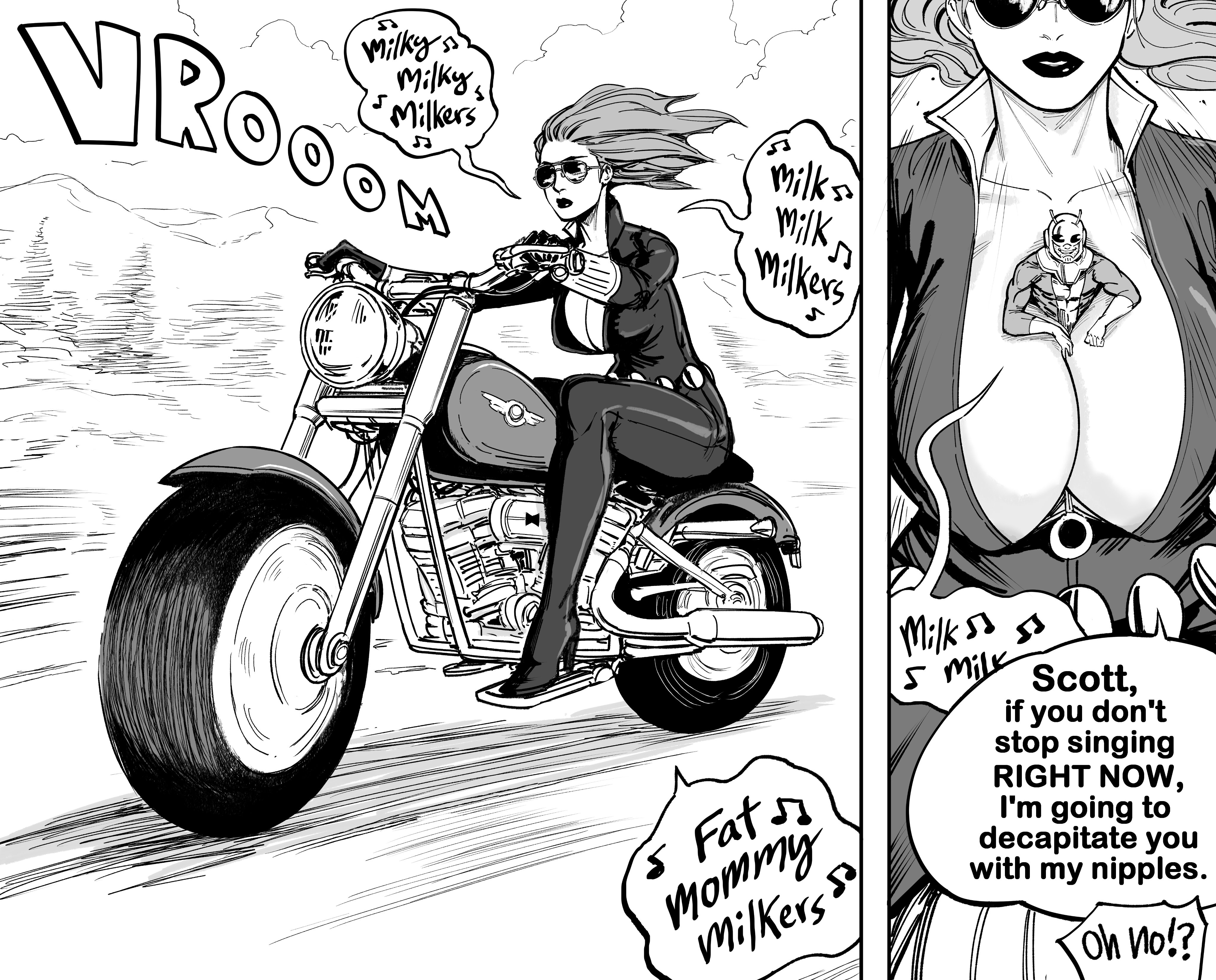 1boy, 1boy1girl, 1girls, annoyed, ant-man, ant-man (series), bb (baalbuddy), between breasts, black widow (marvel), bodysuit, breasts, cleavage, duo, english text, female, gloves, harley davidson, high heels, leather, leather bodysuit, lipstick, long hair, makeup, male, marvel, marvel comics, micro male, mommy milkers, monochrome, motorboating, motorcycle, natasha romanoff, no bra, partially unzipped, scott lang, singing, size difference, sunglasses, superhero, superheroine, text