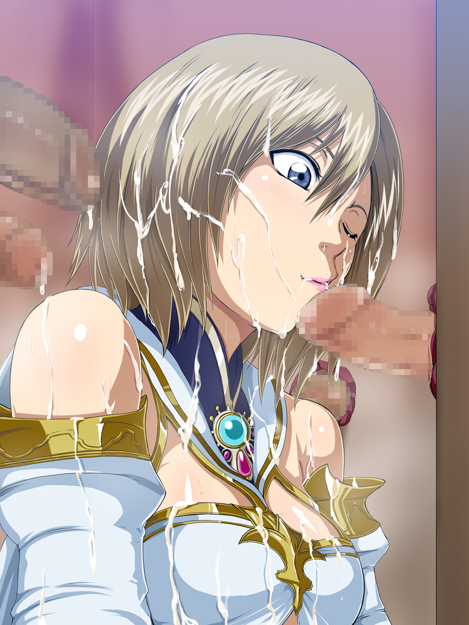 ashelia_b'nargin_dalmasca bare_shoulders blonde_hair blue_eyes breasts bukkake censored cum cum_on_body cum_on_breasts cum_on_hair cum_on_upper_body cumdrip dark-skinned_male facial female final_fantasy final_fantasy_xii flapper_shirt glory_hole highres lipstick penis raburebo short_hair solo sweat wink