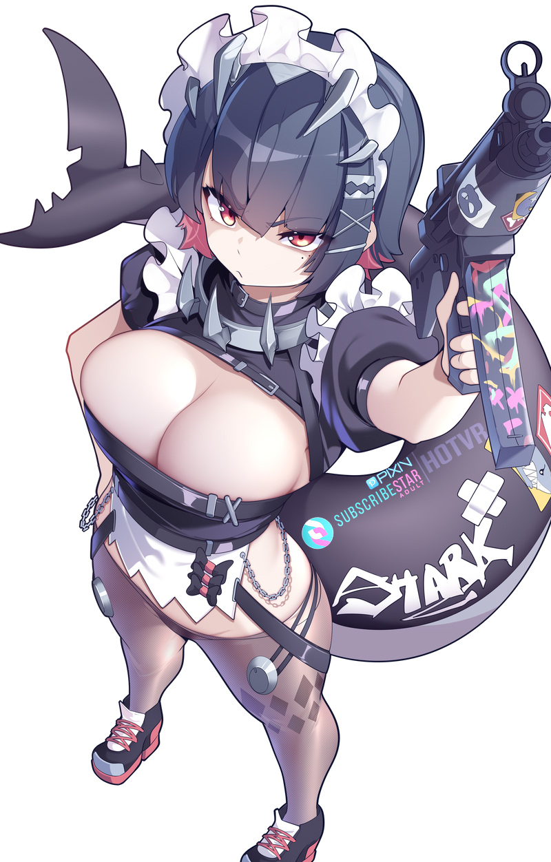 ellen joe, female, gun, hotvr, maid, maid headdress, maid outfit, maid uniform, shark girl, shark tail, zenless zone zero
