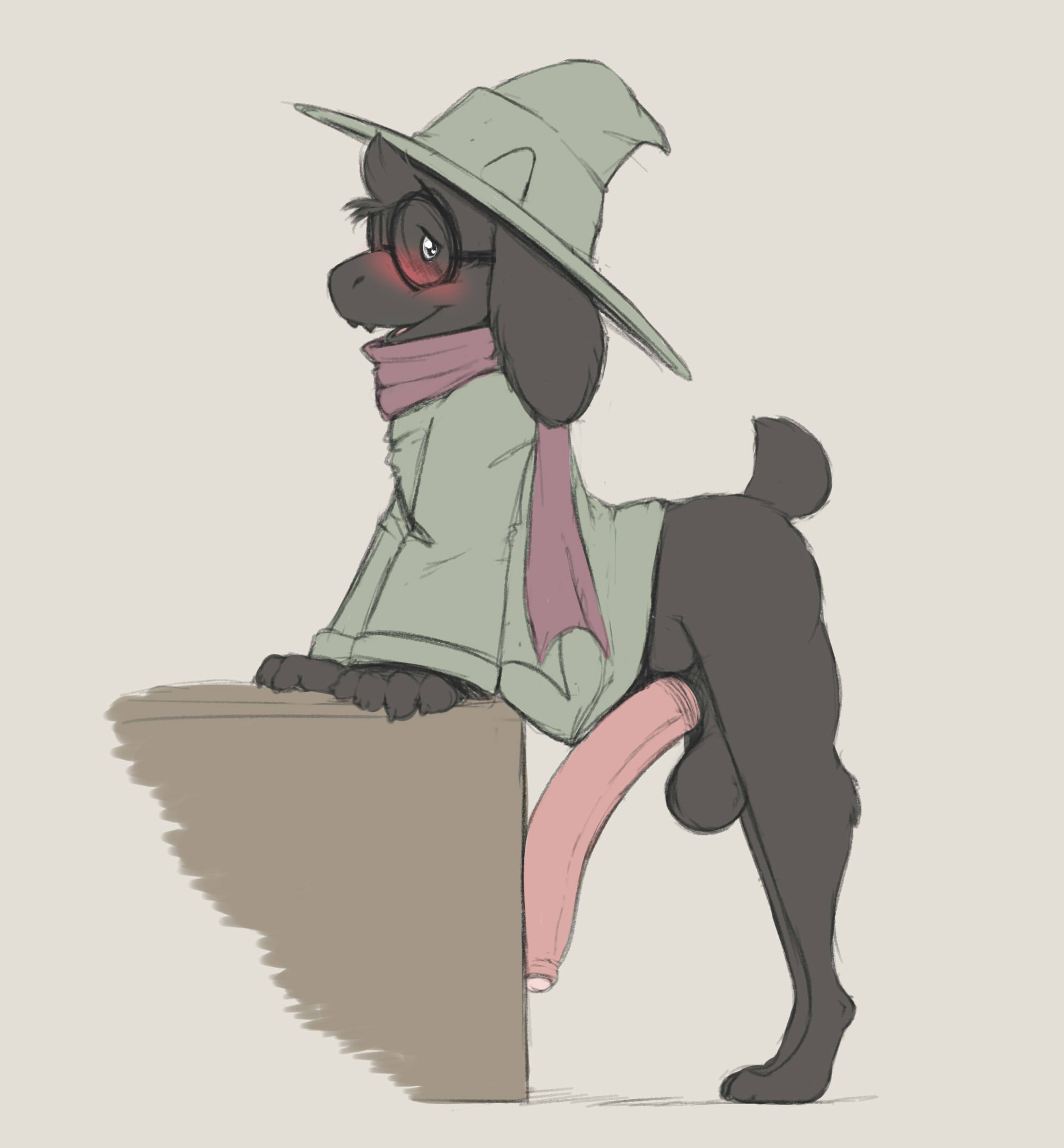 anthro, balls, bent over, black fur, black glasses, blush, blushing, bottomless, caprine, deltarune, emenius, eyewear, floppy ears, foreskin, furry, gigantic penis, glasses, goat, green hat, half-erect, hat, headwear, male, partially retracted foreskin, penis, pink scarf, ralsei, scarf, side view, tail, uncut