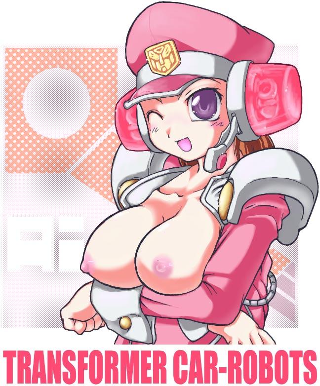 1girls bb breasts brown_hair cradling female hat large_breasts purple_eyes t-ai tactical_artificial_intelligence text topless transformers uniform wink winking