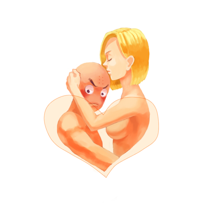 android_18 arm arms bald bare_arms bare_shoulders blonde_hair blush breasts closed_eyes closed_mouth dragon_ball dragon_ball_z embarrassed female hand_on_head head_grab heart highres human kissing krillin kuririn looking_at_viewer male medium_breasts neck nude romantic short_hair shy sideboob simple_background straight surprised upper_body white_background