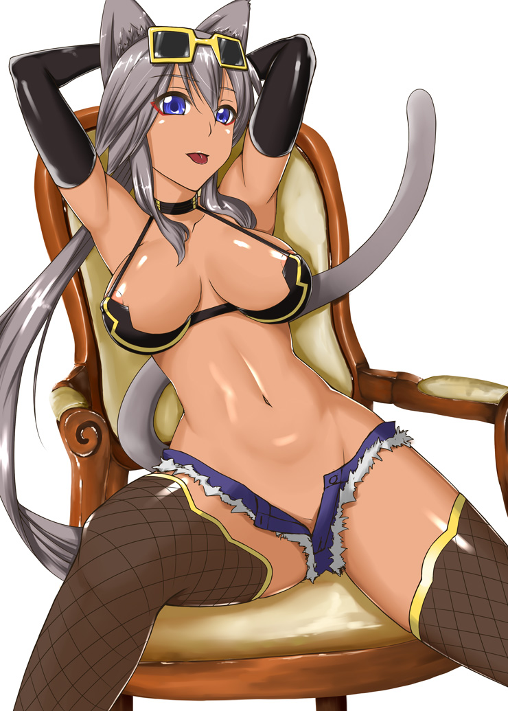 1girls animal_ears animal_tail blue_eyes breasts elbow_gloves fishnets kaiten_muten-maru large_breasts nipple_slip pointy_chin ponytail shamu_meruruusa short_shorts solo tongue_out white_hair