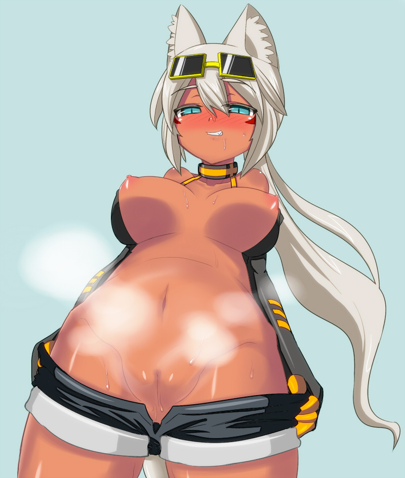 animal_ear blue_eyes blush breasts dark_skin kaiten_muten-maru kerger360 large_breasts long_hair naughty_face nipples pointy_chin pussy shamu_meruruusa steam uncensored white_hair