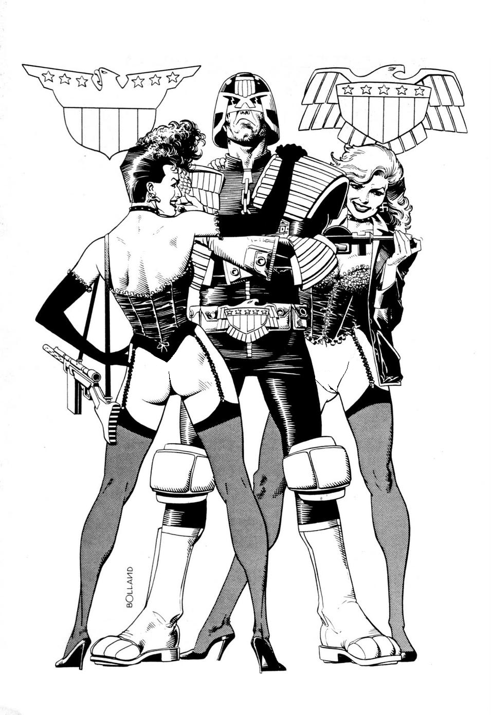 1boy 2girls ass black_and_white brian_bolland female high_heels joseph_dredd judge_dredd judge_dredd_(franchise) male pussy vagina white_background