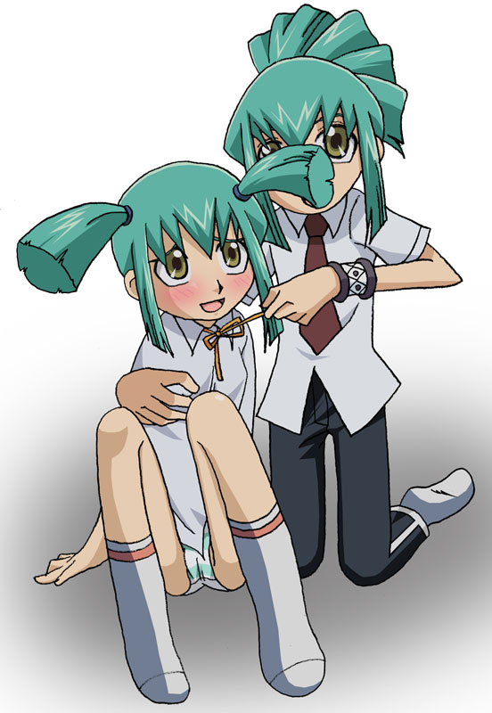 1boy 1girls blush female green_hair human leo leo_(yu-gi-oh!) lua_(yu-gi-oh!) luka_(yu-gi-oh!) luna_(yu-gi-oh!) male panties twintails yu-gi-oh! yu-gi-oh!_5d's