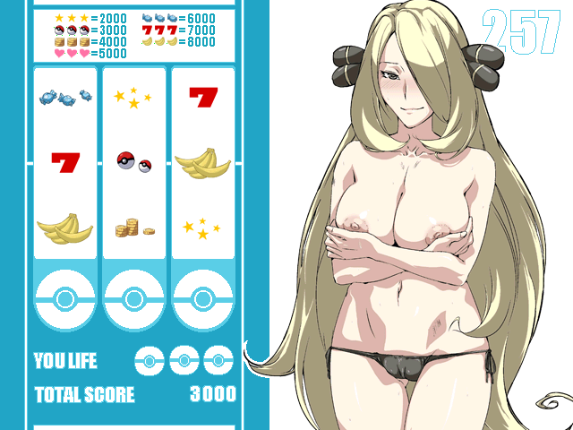 blonde_hair blush breasts clothes color cynthia_(pokemon) female female_only hair human human_only jaga_note nipples pokemon solo standing tagme topless very_long_hair