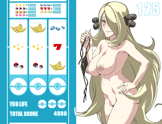 blonde_hair breasts color cynthia_(pokemon) female female_only hair human human_only jaga_note nipples nude pokemon solo standing tagme very_long_hair