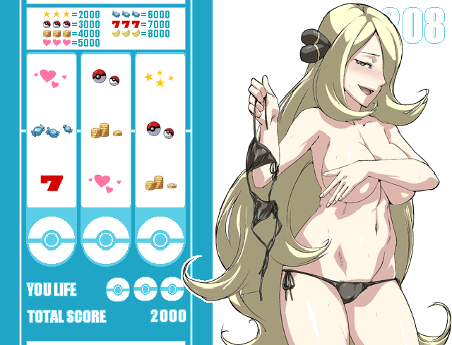 blonde_hair breasts clothes color covering cynthia_(pokemon) female female_only hair human human_only jaga_note pokemon solo standing tagme topless very_long_hair