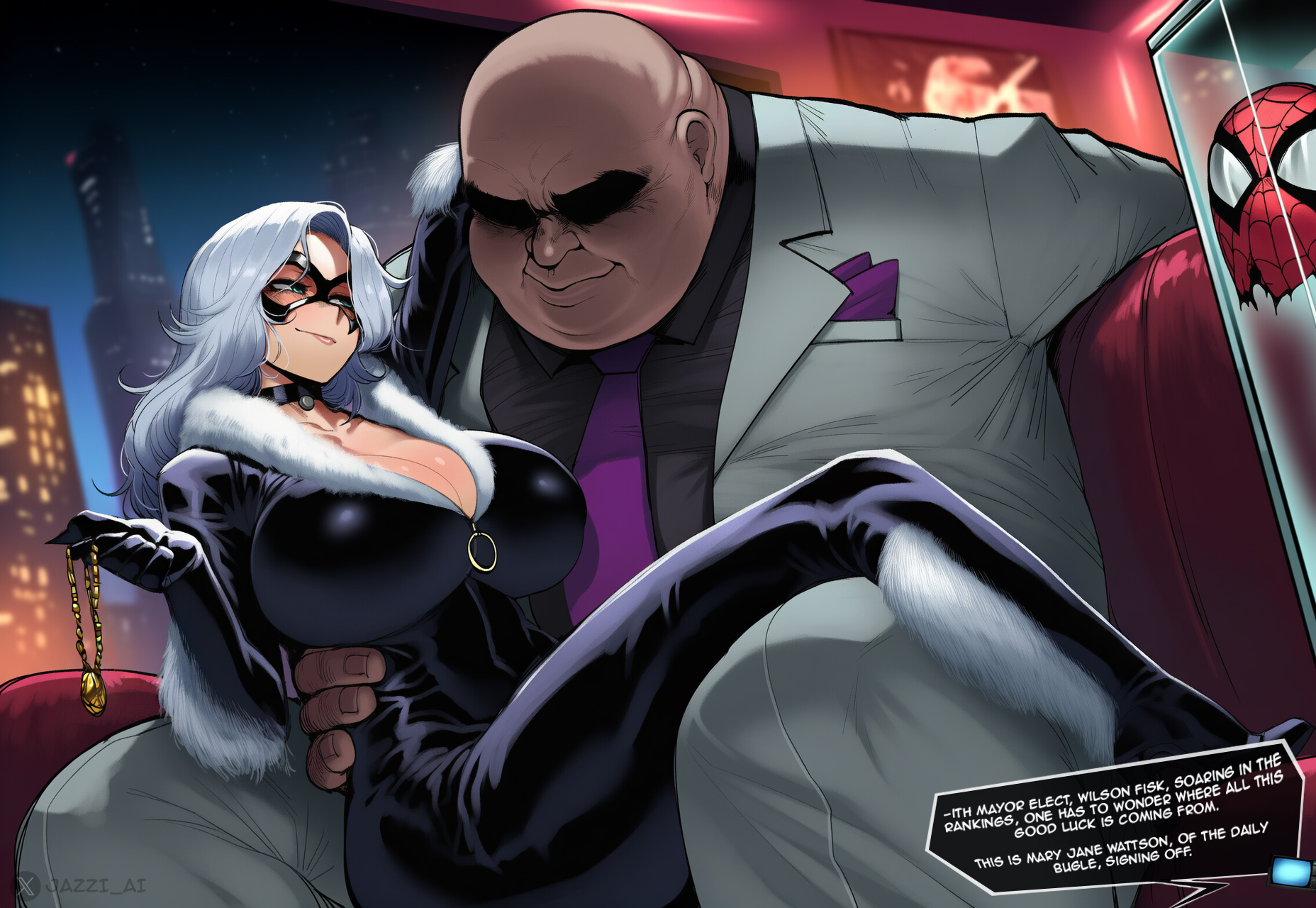 1boy, 1girls, ai generated, bad end, bald, big breasts, bigger male, black cat (marvel), choker, conjugal slavery, fat ass, felicia hardy, fur, hand around waist, jazzifu, kingpin, light-skinned female, light-skinned male, long hair, marvel, mask, obese, protagonistsub antagonistdom, self upload, shaded face, sitting on lap, sitting on person, spandex, spider-man (series), spider-man mask, stockholm syndrome, text, text box, white hair, wilson fisk