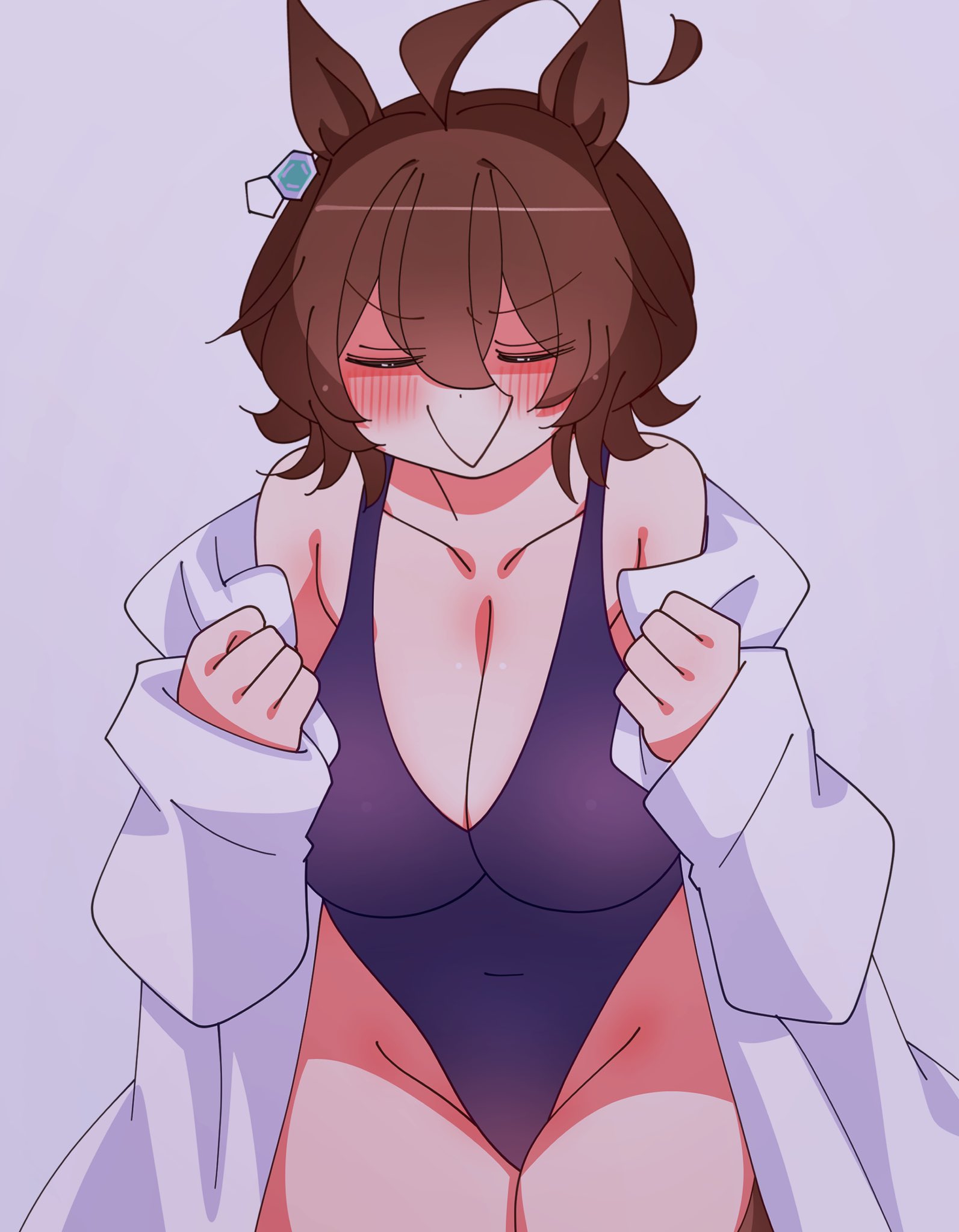 1girls, agnes tachyon (umamusume), ahoge, blush, blush lines, blushing, brown hair, closed eyes, earrings, horse ears, kaijin debeso, labcoat, simple background, smile, smiling, swimsuit, umamusume, white skin