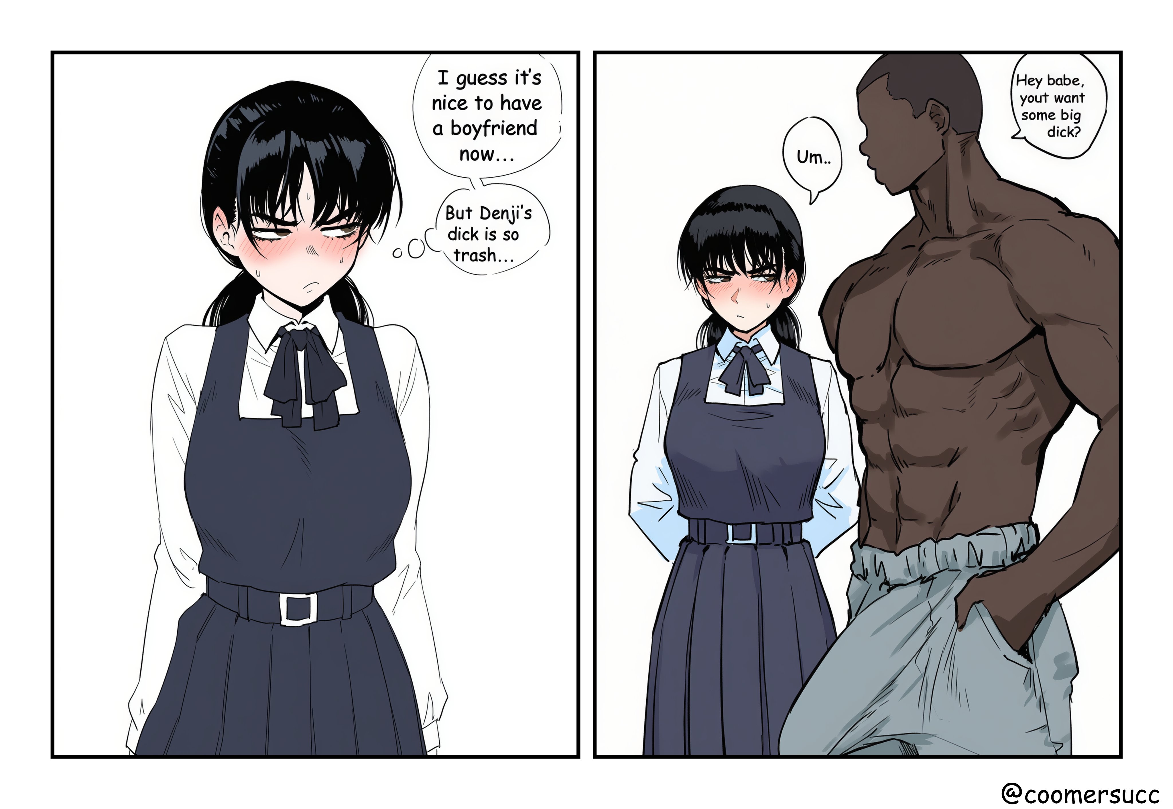 1boy, 1girls, ai generated, asian, asian female, big cock, big penis, bigger male, black hair, black hair female, boobs, breasts, butt, chainsaw man, cheating, cheating girlfriend, clothed, clothed female, cock, coomersucc, dark skin, dark-skinned male, erection, erection under clothes, female, female focus, height difference, horny, horny female, huge cock, huge penis, interracial, japanese, japanese female, larger male, light skin, light-skinned female, mitaka asa, penis, shorter female, size difference, small penis humiliation, smaller female, topless, topless male