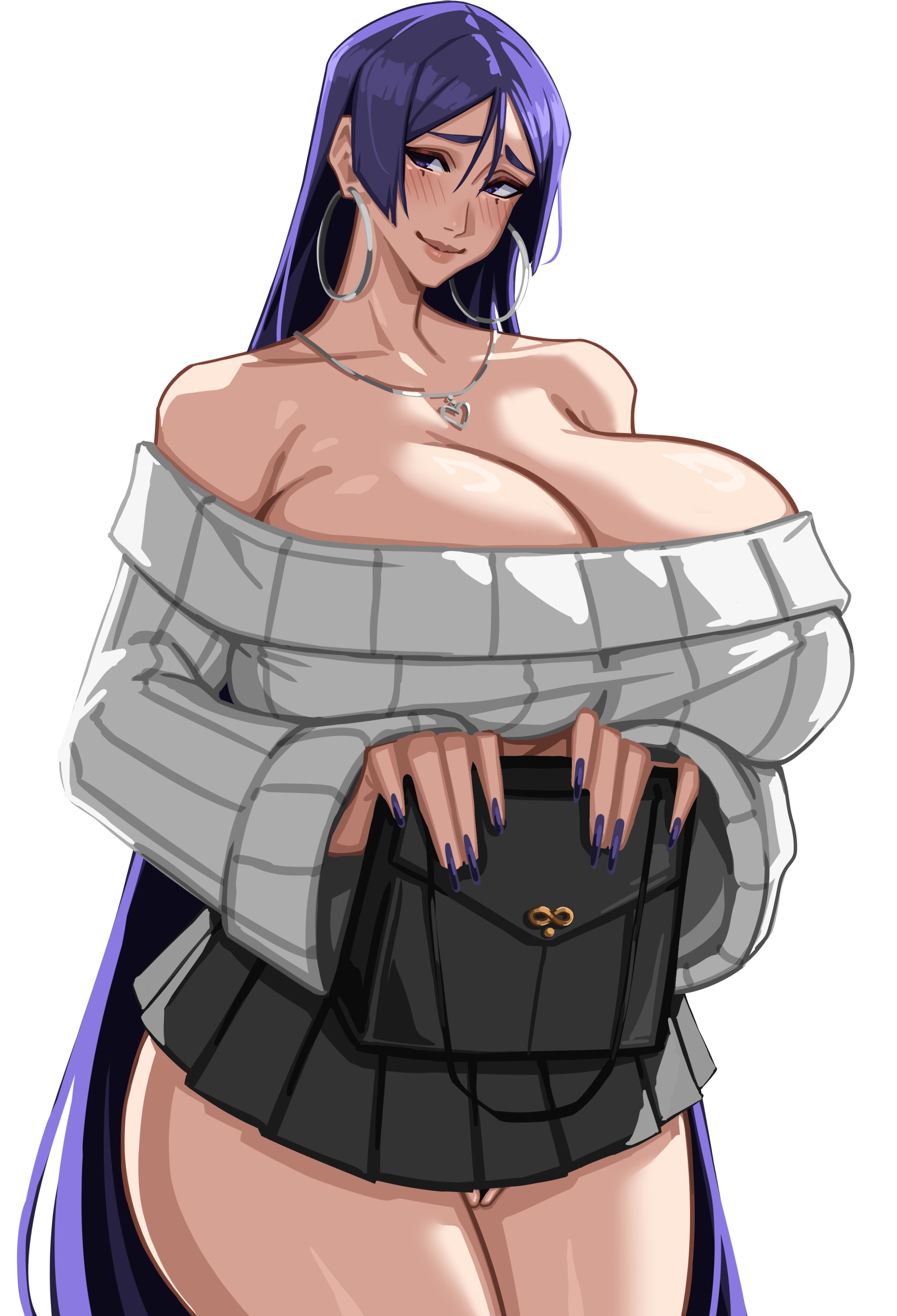 1girls, alecto 0, bare shoulders, big breasts, black skirt, blush, bottomwear, breasts, breasts bigger than head, cameltoe, clothing, ear piercing, earrings, fate (series), fate/grand order, female, female only, hair, holding object, hoop earrings, huge breasts, large breasts, lips, long hair, long nails, mature, mature female, mature woman, milf, minamoto no raikou (fate/grand order), nail polish, nails, necklace, neckwear, off-shoulder sweater, purple eyes, purple hair, purple nail polish, purple nails, purse, short skirt, skirt, smile, solo, solo female, sweater, thighs, topwear, white background, white sweater