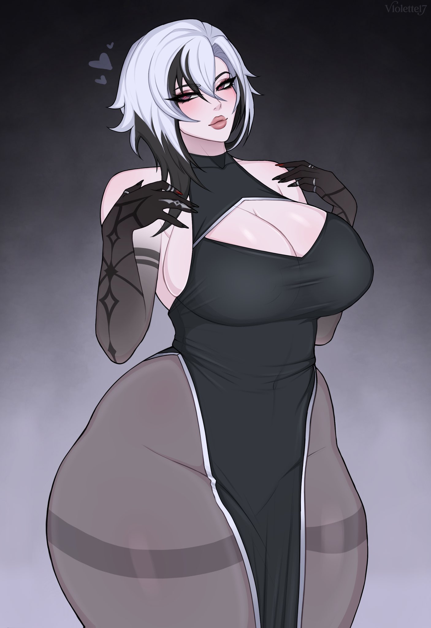1girls, arlecchino (genshin impact), artist request, big breasts, black pantyhose, breasts, female, female focus, female only, genshin impact, large breasts, light skin, light-skinned female, pantyhose, solo, thick thighs, thighs, v1olette17, vo1ette, wide hips