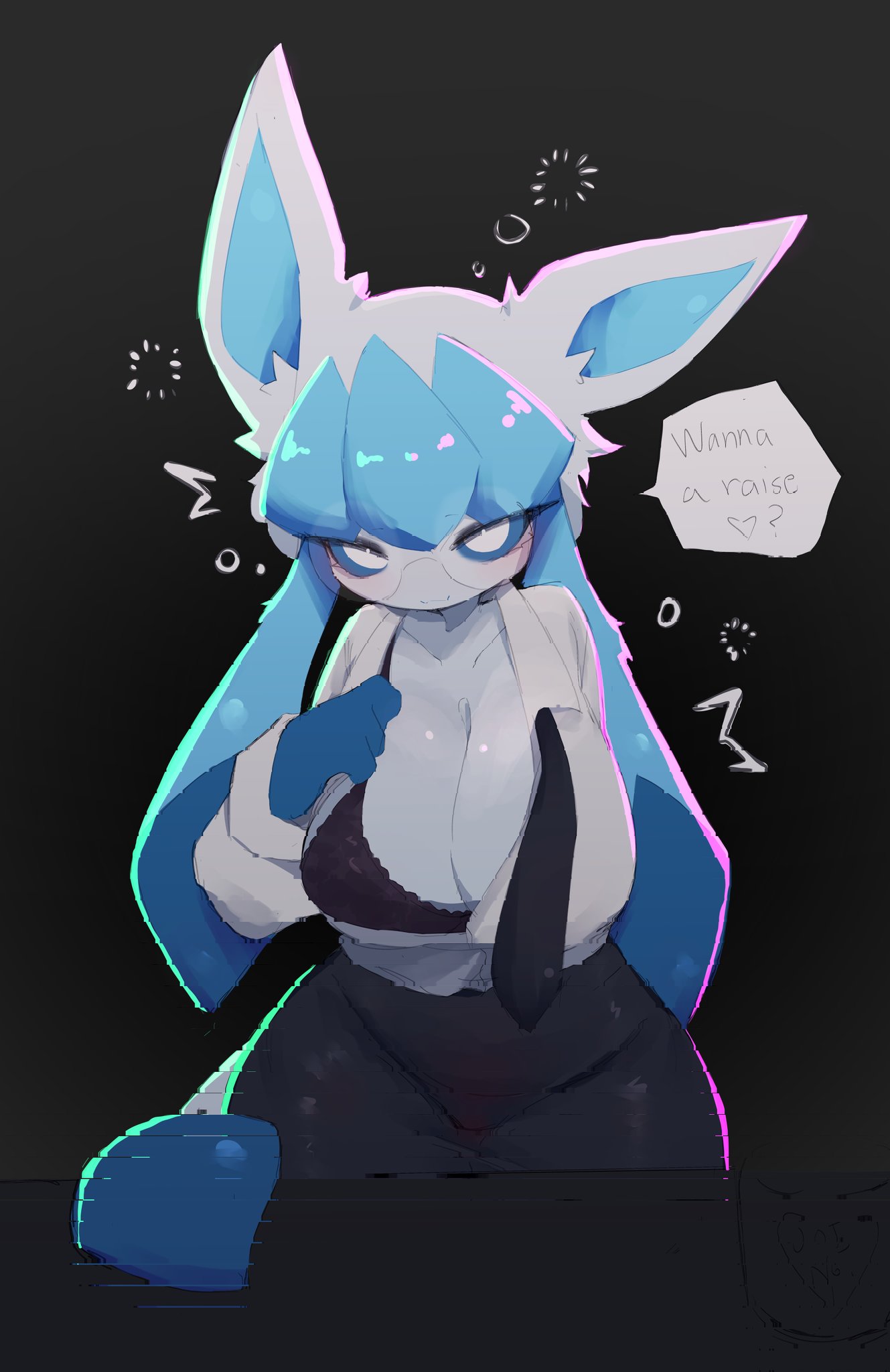 anthro, asking for sex, big breasts, boss, bra, breasts, business attire, business suit, business woman, drunk, enexofme, female, furry, glaceon, implying, intoxicated, lace-trimmed bra, lingerie, pokemon, talking to viewer, undressing