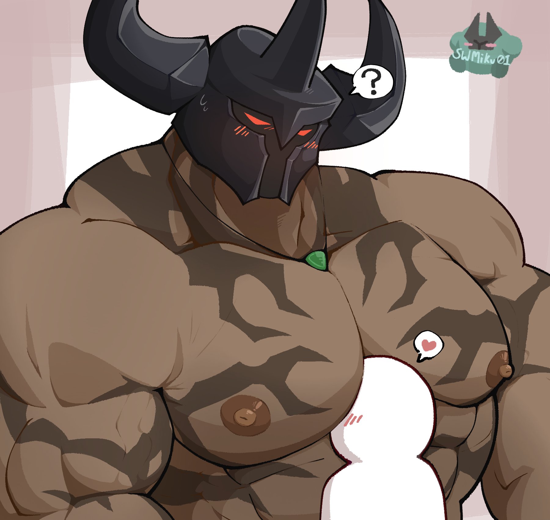 1boy, 1other, big pecs, blush, blushing, helmet, league of legends, looking down, male, male only, mordekaiser, muscular, muscular male, pecs, riot games, size difference, swmiku01