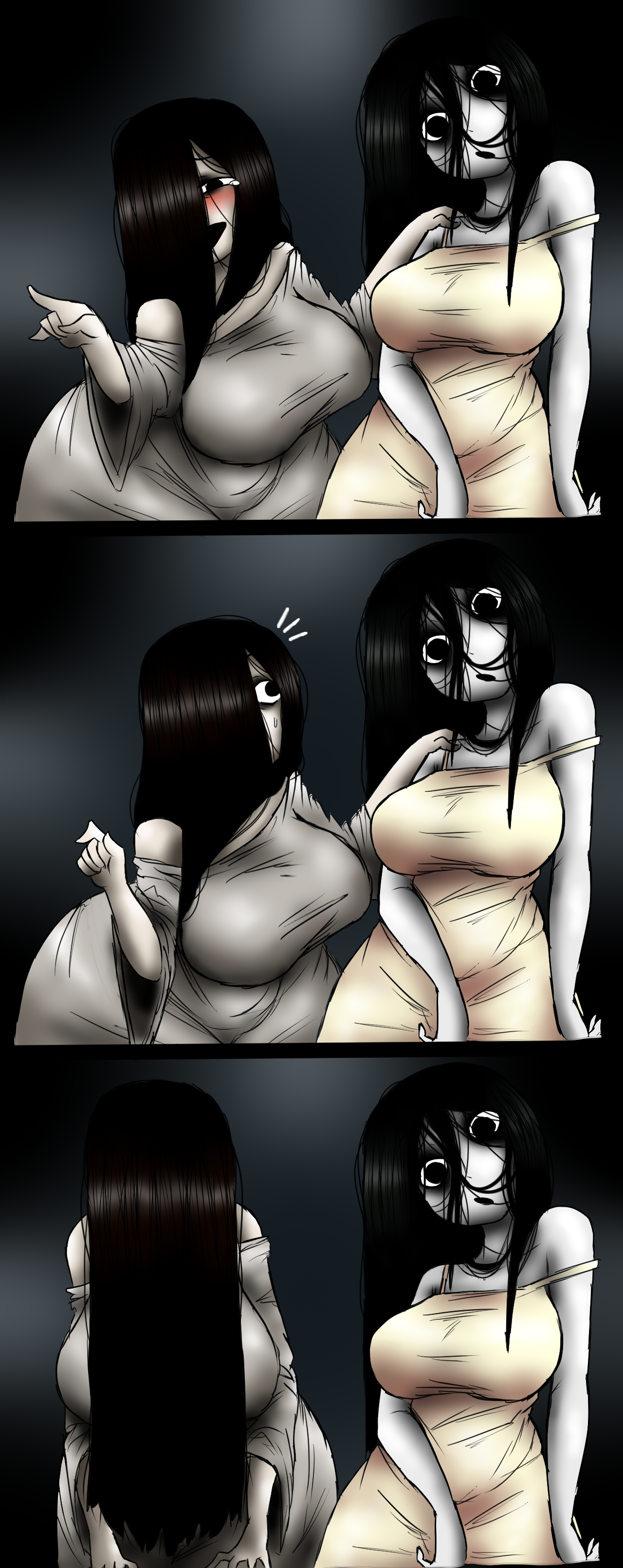 2girls, blank eyes, ghost girl, korbaen, large ass, large breasts, ringu, saeki kayako, soulless eyes, the grudge, yamamura sadako