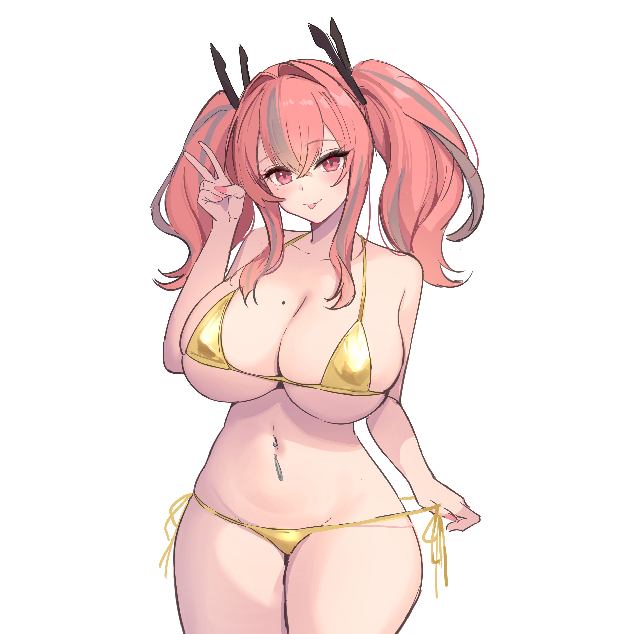 1girl, absurdres, azur lane, bare shoulders, bikini, blush, breasts, bremerton (azur lane), cleavage, closed mouth, collarbone, fingernails, hair between eyes, hair ornament, highres, huge breasts, long hair, looking at viewer, marumai, mole, mole on breast, mole under eye, multicolored hair, nail polish, navel, navel piercing, piercing, pink eyes, pink hair, pink nails, side-tie bikini bottom, simple background, smile, solo, stomach, streaked hair, swimsuit, thighs, tongue, tongue out, twintails, two-tone hair, v, white background, yellow bikini
