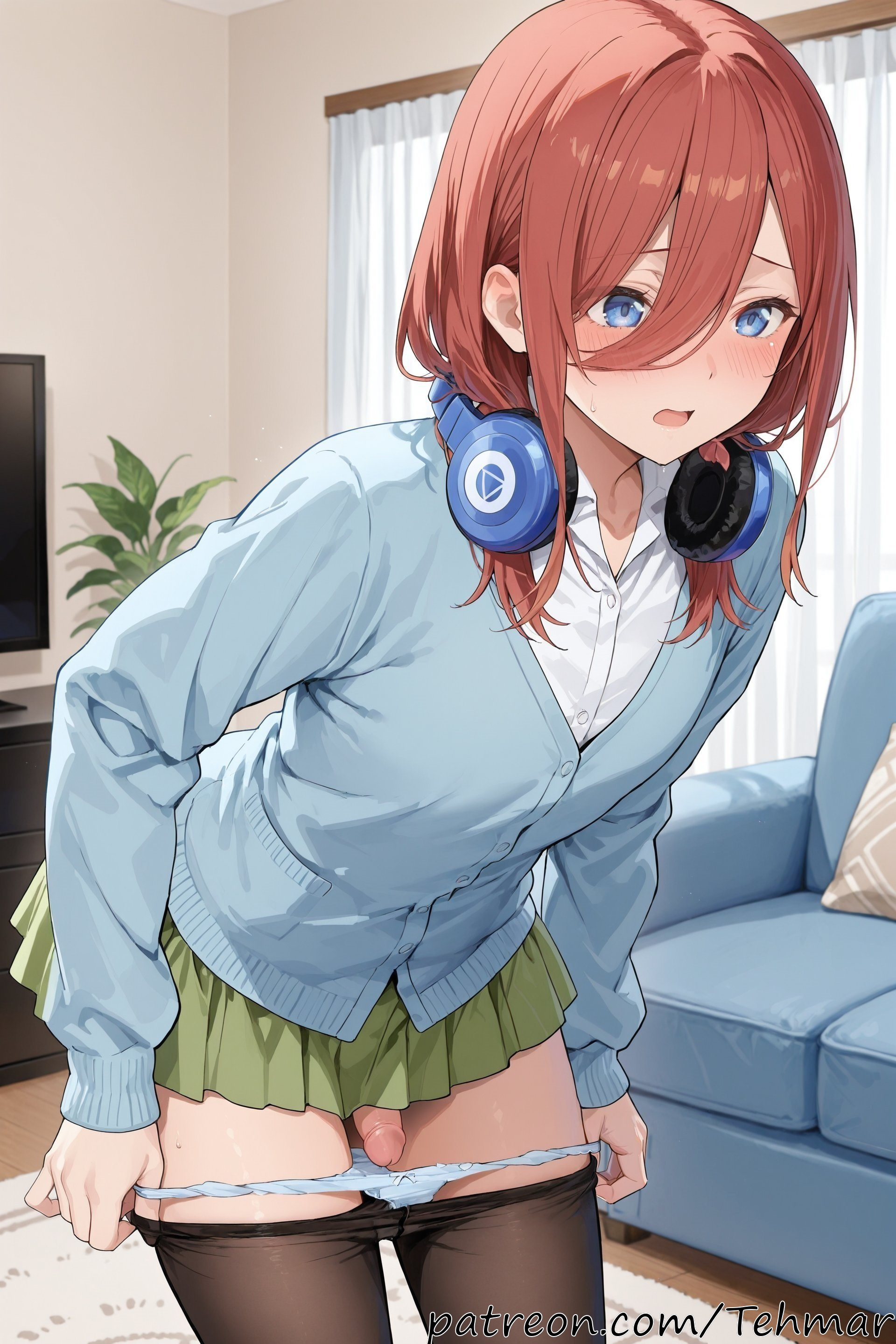 1boy, ai generated, bangs, black pantyhose, blue cardigan, blue eyes, blush, brown hair, cardigan, clothes pull, collared shirt, couch, curtains, femboy, genderswap, genderswap (ftm), go-toubun no hanayome, green skirt, hair between eyes, headphones, headphones around neck, indoors, long hair, long sleeves, male, nakano miku, open mouth, panties, panty pull, pantyhose, pantyhose pull, penis, pleated skirt, pulled by self, shirt, skirt, solo, standing, sweat, tehmar, the quintessential quintuplets, trans woman, transfem, trap, underwear, white shirt