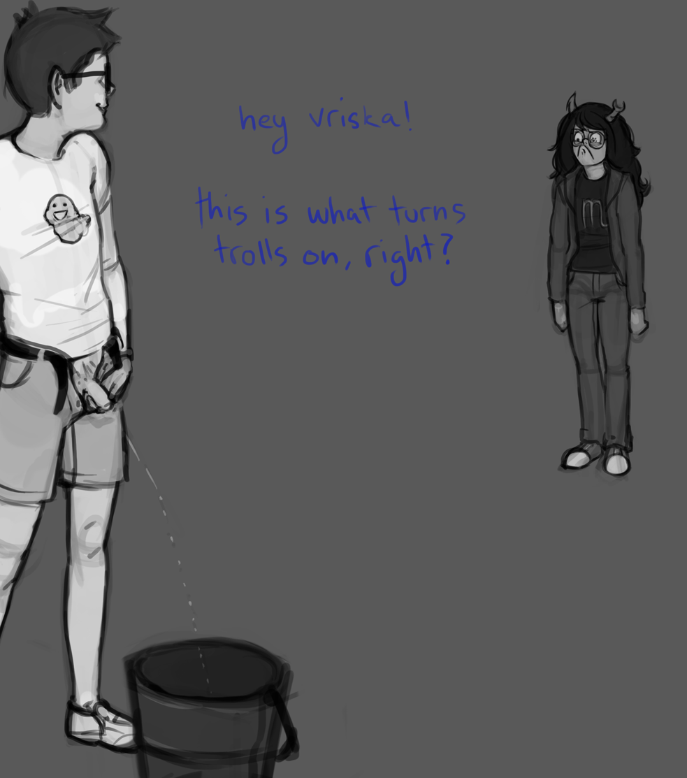 1boy 1girls black_hair bucket clothing container_urination dialogue glasses grey_background grey_skin homestuck horns i_punch_gay_deer john_egbert long_hair ms_paint_adventures peeing peeing_into_container penis shocked short_hair standing_pee text troll urinating urinating_male urination urine urine_stream vriska_serket