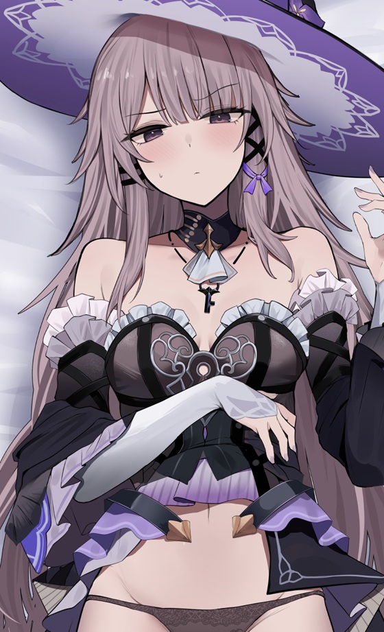1girls, grey hair, herta (honkai: star rail), honkai: star rail, hototogisu (7kanu 7ra), purple clothing, small breasts, the herta (honkai: star rail), witch hat