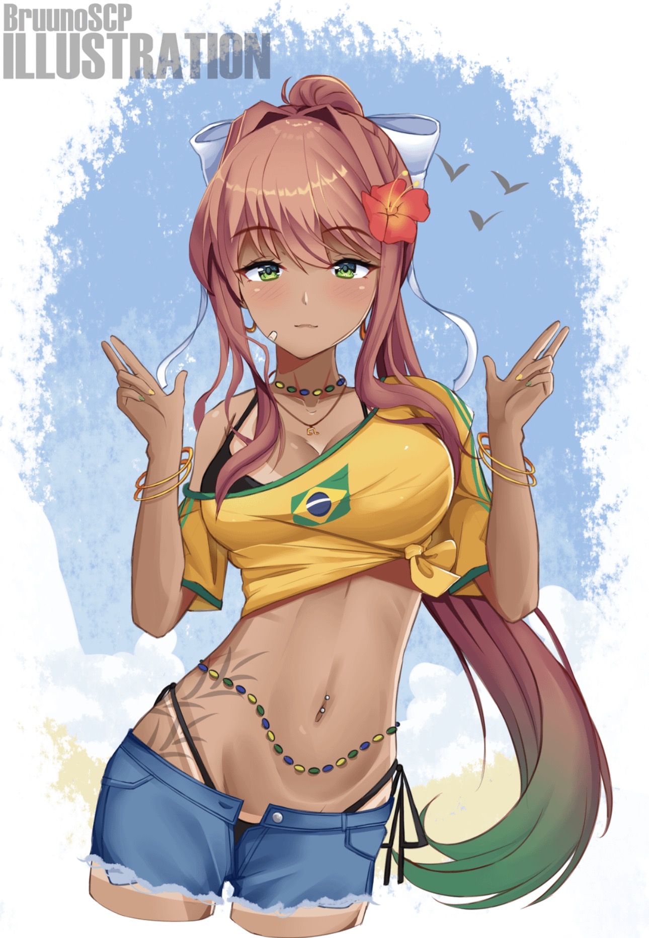 belly, belly chain, belly piercing, blush, bow, bra, brazilian, brazilian female, brown hair, bruunoscp, coral brown hair, doki doki literature club, flower in hair, green eyes, jean shorts, jewelry, monika (doki doki literature club), necklace, tan body, tan skin, tank top, tattoo, thong straps, yellow shirt