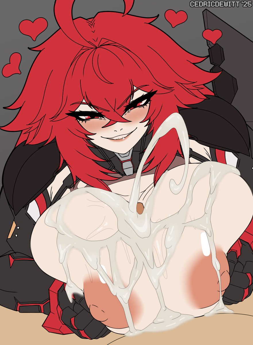 1boy, 1girl, 1girl1boy, 1girls, 2025, alternate version available, anon, anonymous male, big breasts, breast grab, breasts, breasts bigger than head, breasts out, cedric dewitt, commission, cum, cum drip, cum on body, cum on breasts, cumshot, flat colors, goddess of victory: nikke, grey background, heart, heart symbol, legs apart, lips, nihilister (nikke), nikke, paizuri, precum, red eyes, red hair, shiny skin, smirk, squeezing, squeezing breast
