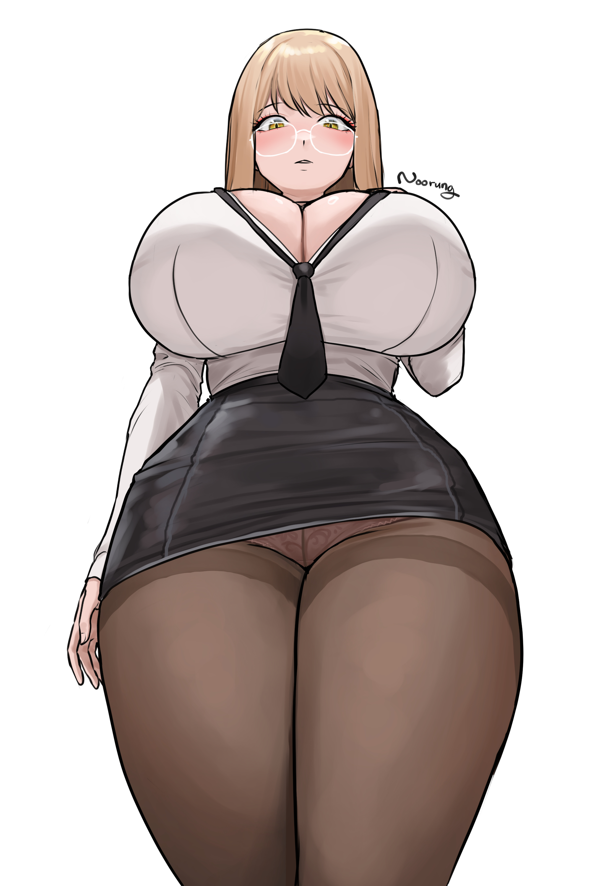belt, big breasts, blush, breasts bigger than head, emma (nikke), emma (office therapy) (nikke), flower pattern, glasses, goddess of victory: nikke, hips, light-skinned female, looking at viewer, looking down, looking down at viewer, mostly clothed, nail polish, nails, noorung, office clothing, office lady, panties, pantyhose, signature, solo, tagme, tie, tight clothing, upskirt, white background