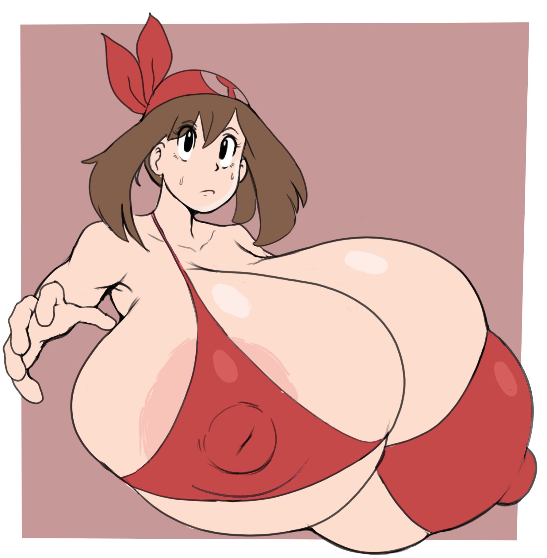 1girls, areola slip, bra, huge breasts, hyper breasts, large breasts, may (pokemon), pokemon, stickyinsomniac, tagme
