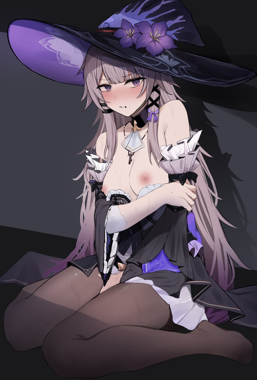 1girls, grey hair, herta (honkai: star rail), honkai: star rail, hototogisu (7kanu 7ra), imminent rape, purple clothing, small breasts, the herta (honkai: star rail), witch hat
