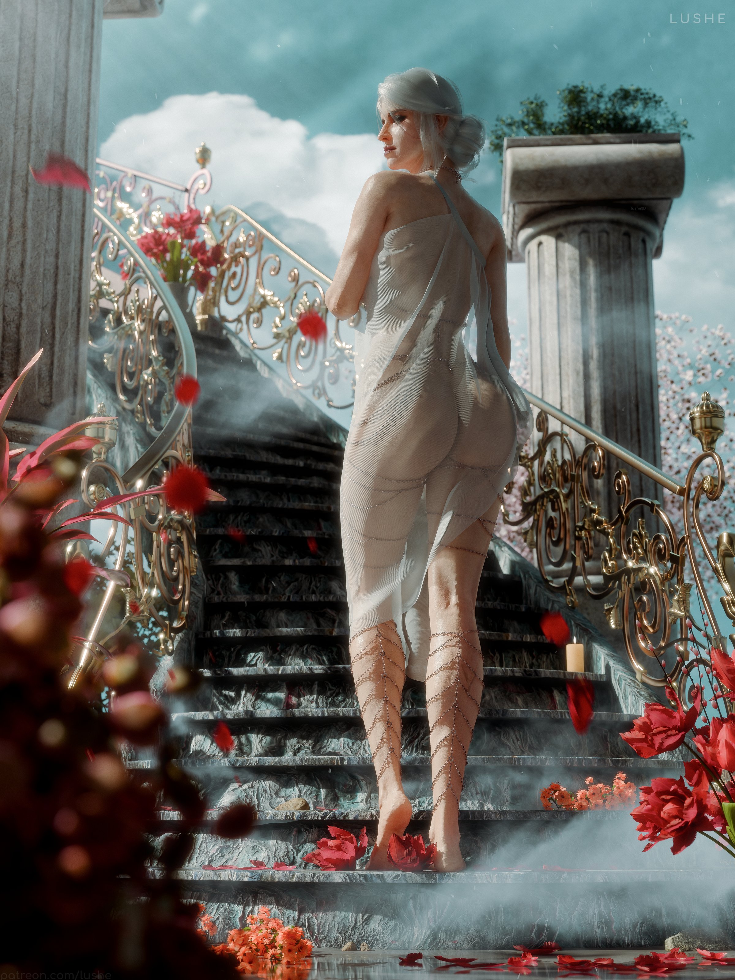 1girl, 1girls, 1human, 3d, 3d (artwork), angelic, artist name, ass, ass crack, ass focus, back view, background, barefoot, big ass, bubble ass, bubble butt, butt crack, cd projekt red, chains, ciri, clothed, clothed female, cloud, clouds, cloudscape, exposed shoulders, feet, female, female ass, female ass focus, female focus, female only, fine art, flower petals, flowers, freckles, girl ass, human, human female, human only, legs, light skin, light-skinned female, looking back, low-angle view, lushe3d, marble pillars, mascara, masterpiece, nude under clothes, on stairs, pale skin, pale-skinned female, petals, pillar, pillars, plants, rear view, red flowers, scar, sheer, sheer clothes, sheer clothing, sheer dress, shoulders, shoulders exposed, solo, solo female, solo focus, stairs, standing, the witcher (series), the witcher 3: wild hunt, thighs, translucent, translucent clothes, translucent clothing, translucent dress, transparent clothing, video game character, video games, white dress, white hair, white hair female, white-haired female