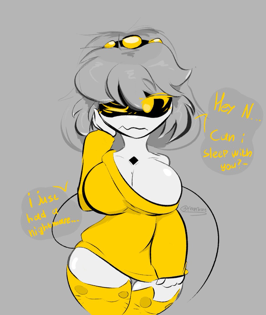 1girls, blushing, female focus, female only, fnafkat, grey background, grey hair, murder drones, sleepy, solo, solo female, solo focus, tail, thick thighs, thighs, tired, v (murder drones), yellow clothing, yellow eyes, yellow shirt