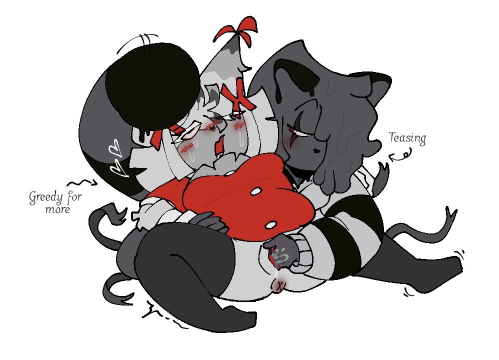 blot (dandy's world), blush, bottomless, dandy's world, drooling, greedy, jacking off another, kinsona, oc, oc x oc, original character, pokerjokerful, roblox, sweating, teasing, toonsona, yatta (dandy's world)