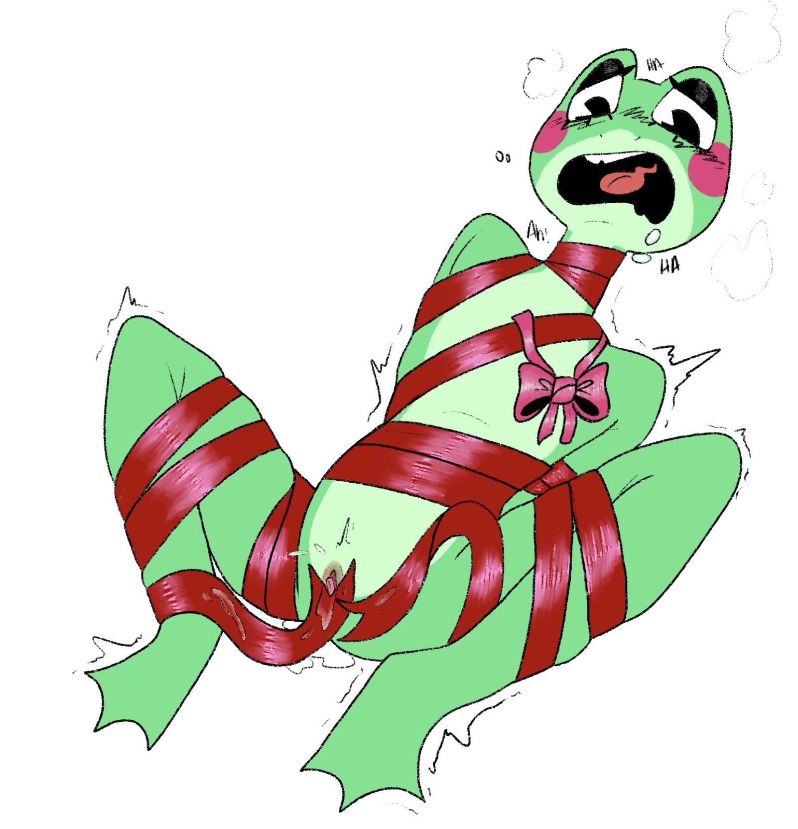 2girls, amphibian, bondage, clitoral stimulation, clitoris, female/female, frog, frog girl, gangle (the amazing digital circus), pussy, pussy juice, ribbit (tadc), ribbit (the amazing digital circus), ribbons, tadc, the amazing digital circus, tied up, white background, yuri