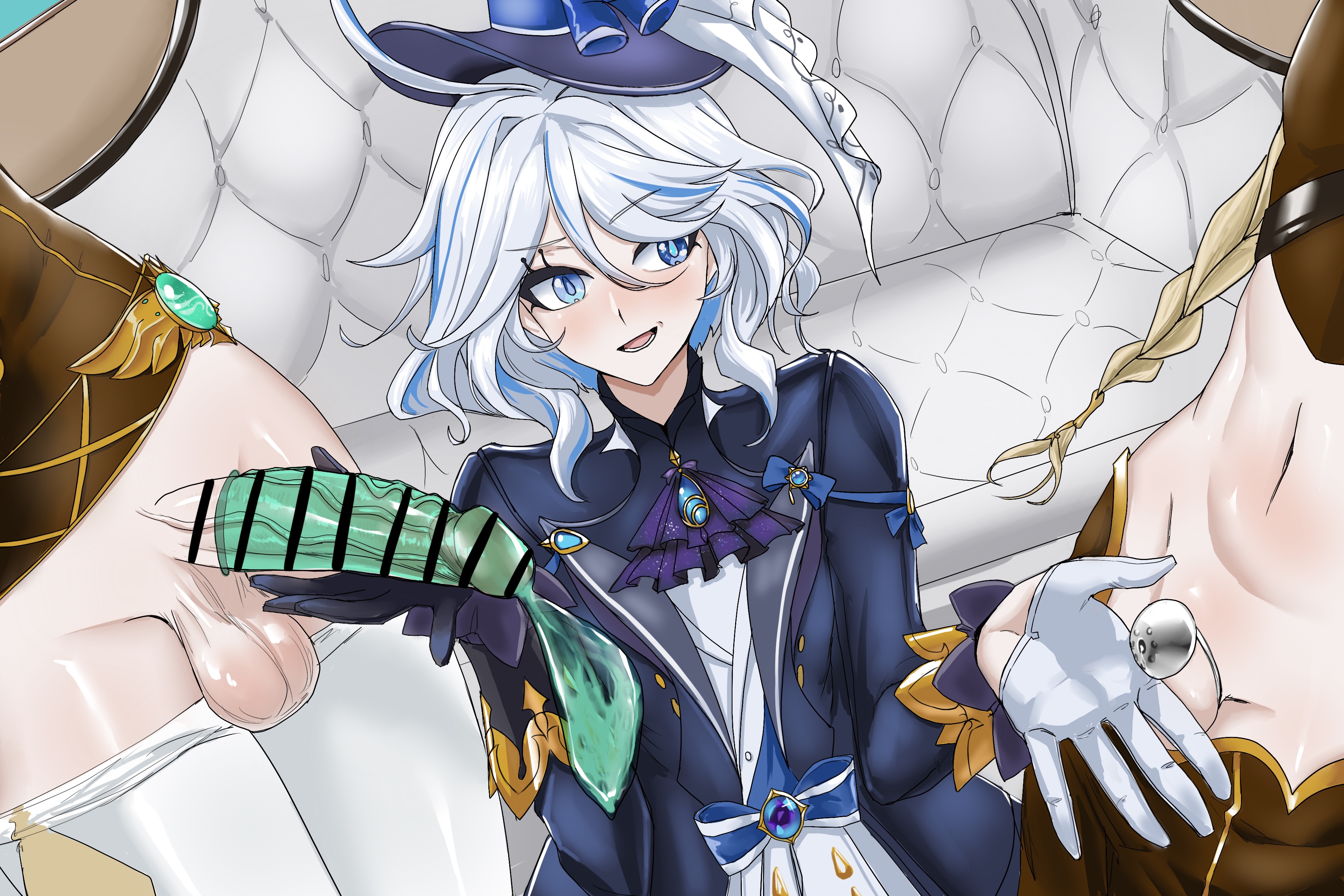 1girls, 2d, aether (genshin impact), big penis, blonde male, blue clothing, censor bar, censored, chastity cage, comparing penis, condom, female, furina (genshin impact), genshin impact, gloves, heterochromia, holding penis, looking at penis, male, mocking, multiple males, multiple penises, penis, penis size difference, pulling down pants, small penis, small penis humiliation, tiny penis, traveler (genshin impact), unimpressed, venti (genshin impact)