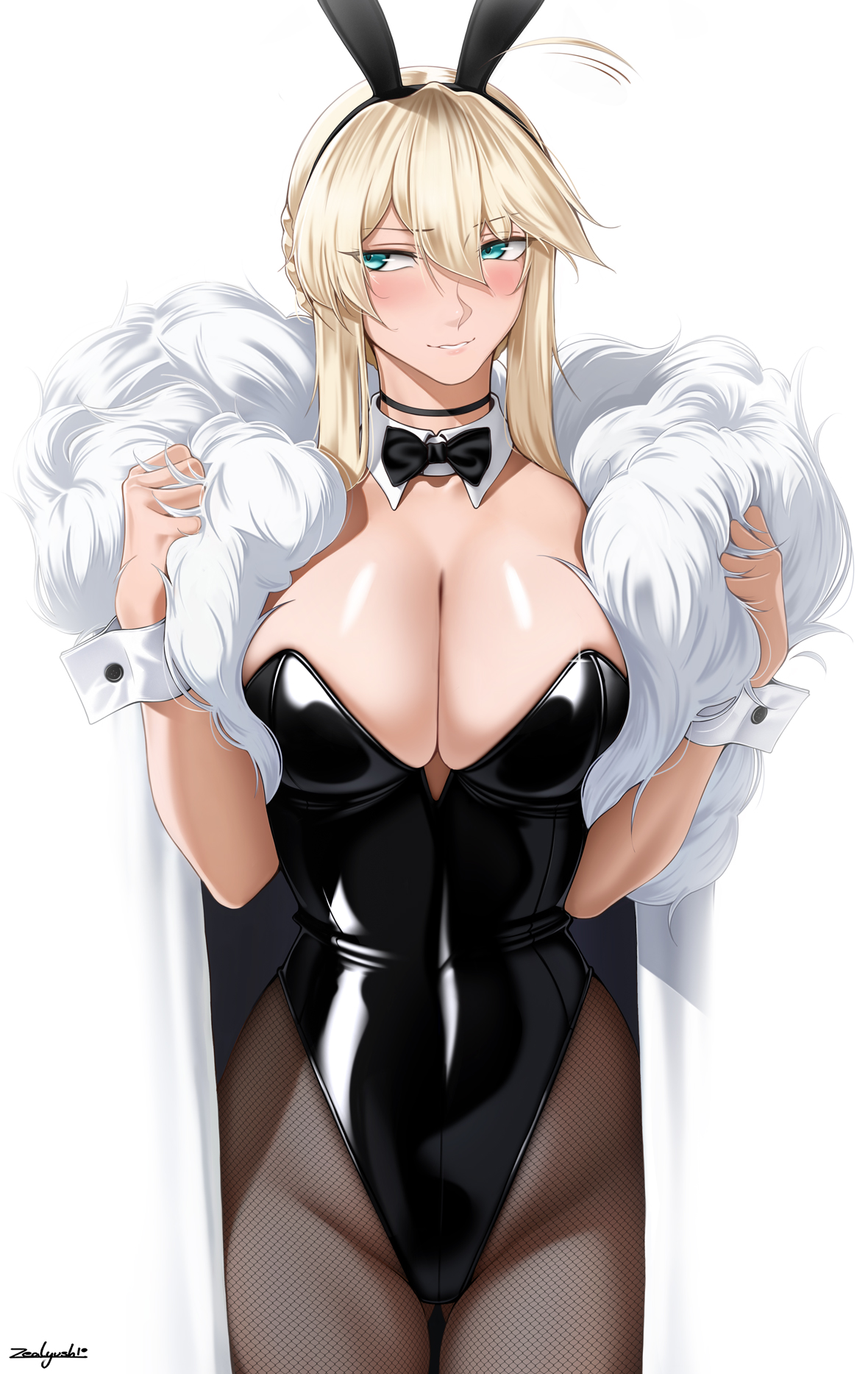 1girls, artoria pendragon, big breasts, blonde hair, blush, blushing, breasts, bunny ears, bunny girl, bunnysuit, busty, cleavage, collar, fate (series), fate/grand order, female, female only, fishnets, green eyes, hourglass figure, huge breasts, large breasts, leotard, slim waist, solo, solo female, solo focus, thigh gap, thighs, voluptuous, voluptuous female, white background, white hair, wide hips, zealyush