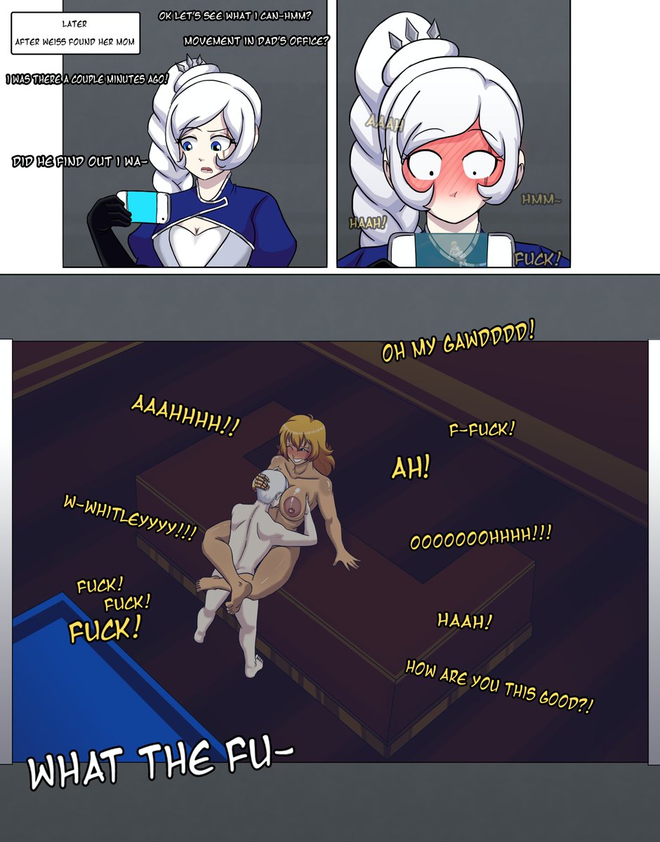 1boy, 2girls, against desk, big breasts, blonde female, blonde hair, breasts, bruntgonewrong, clothed female, desk, desk sex, dialogue, goneawful, long hair, long hair female, looking at phone, nude female, nude male, penetration, rwby, sex, sucking nipples, weiss schnee, white hair, white hair female, whitley schnee, yang xiao long